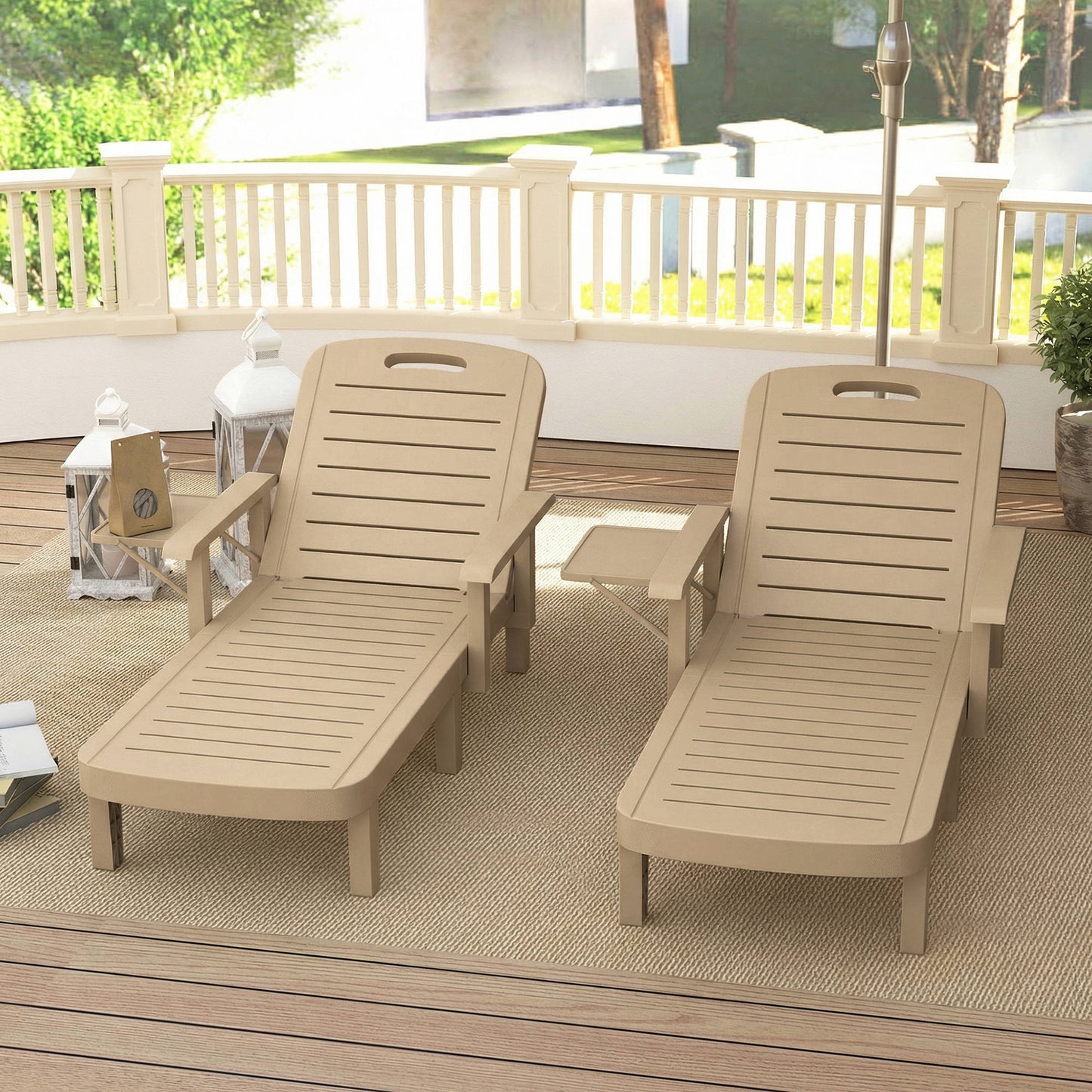 Outsunny Set of 2 Reclining Sun Loungers, 5 Positions Adjustable Outdoor Chaise Lounge Chair with Armrests, Khaki