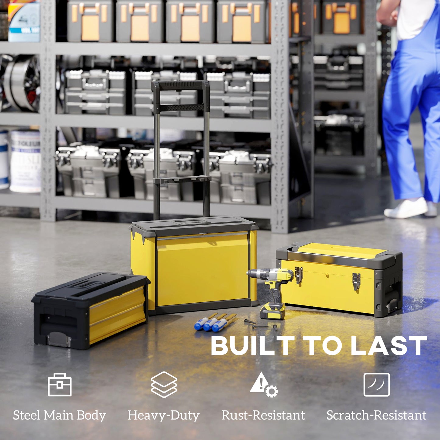 HOMCOM 3-in-1 Stackable Rolling Tool Box - Yellow