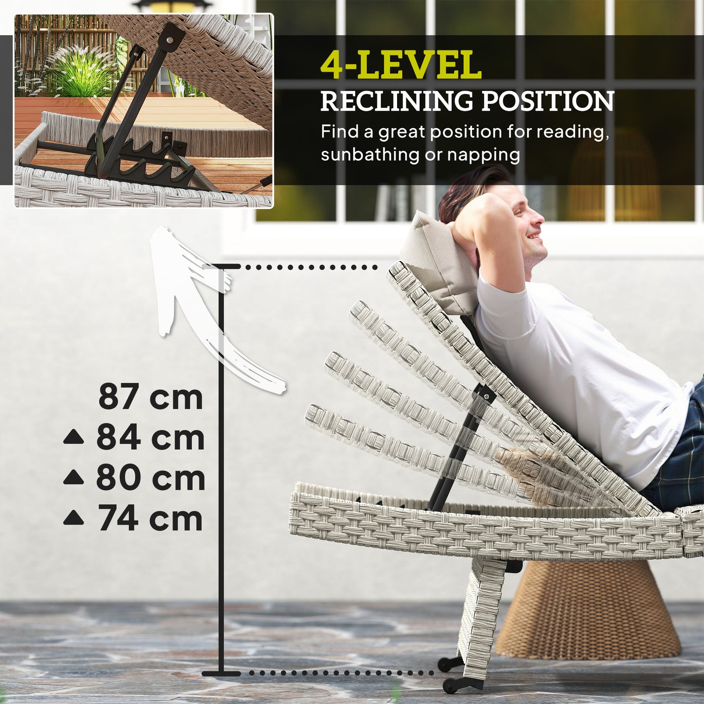 Outsunny Outdoor PE Rattan Folding Sun Lounger with Adjustable Backrest, Wheels & Non-Slip Legs for Balcony/Beach, Grey.