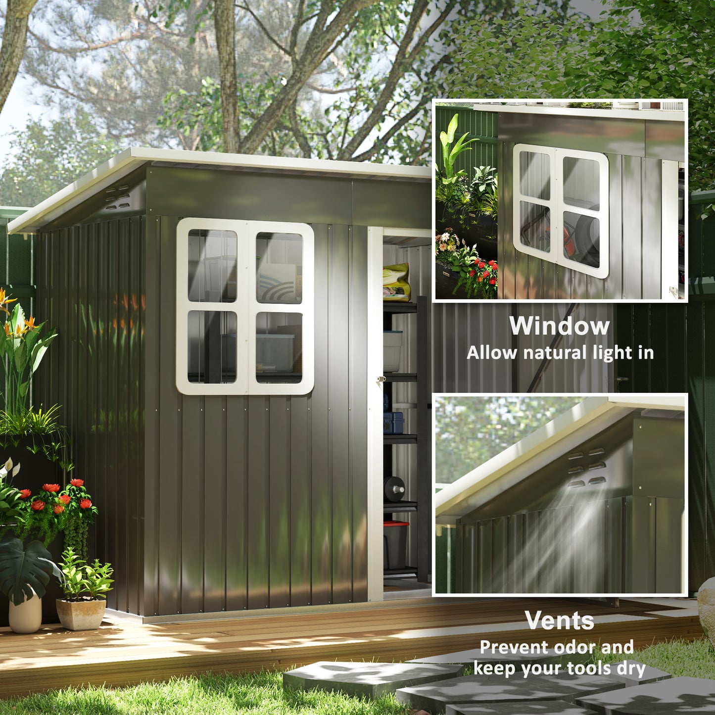 Outsunny 7x4ft Dark Grey Galvanised Steel Garden Storage Shed with Foundation Kit, Window, Lockable Door
