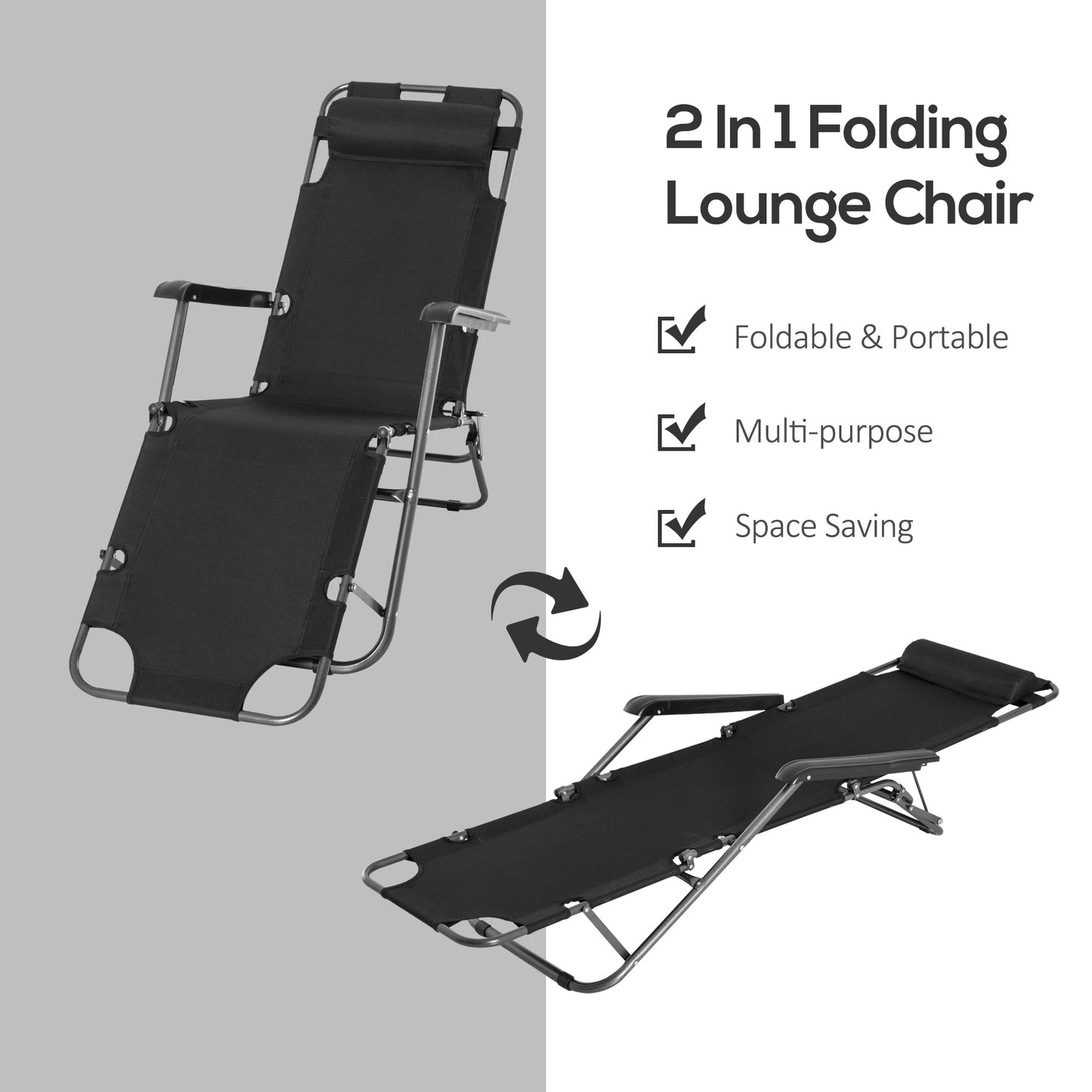 Outsunny 2-in-1 Folding Sun Lounger Set, Reclining Garden Chairs with Adjustable Backrest, Head Pillow, Armrests, Set of 2, Black