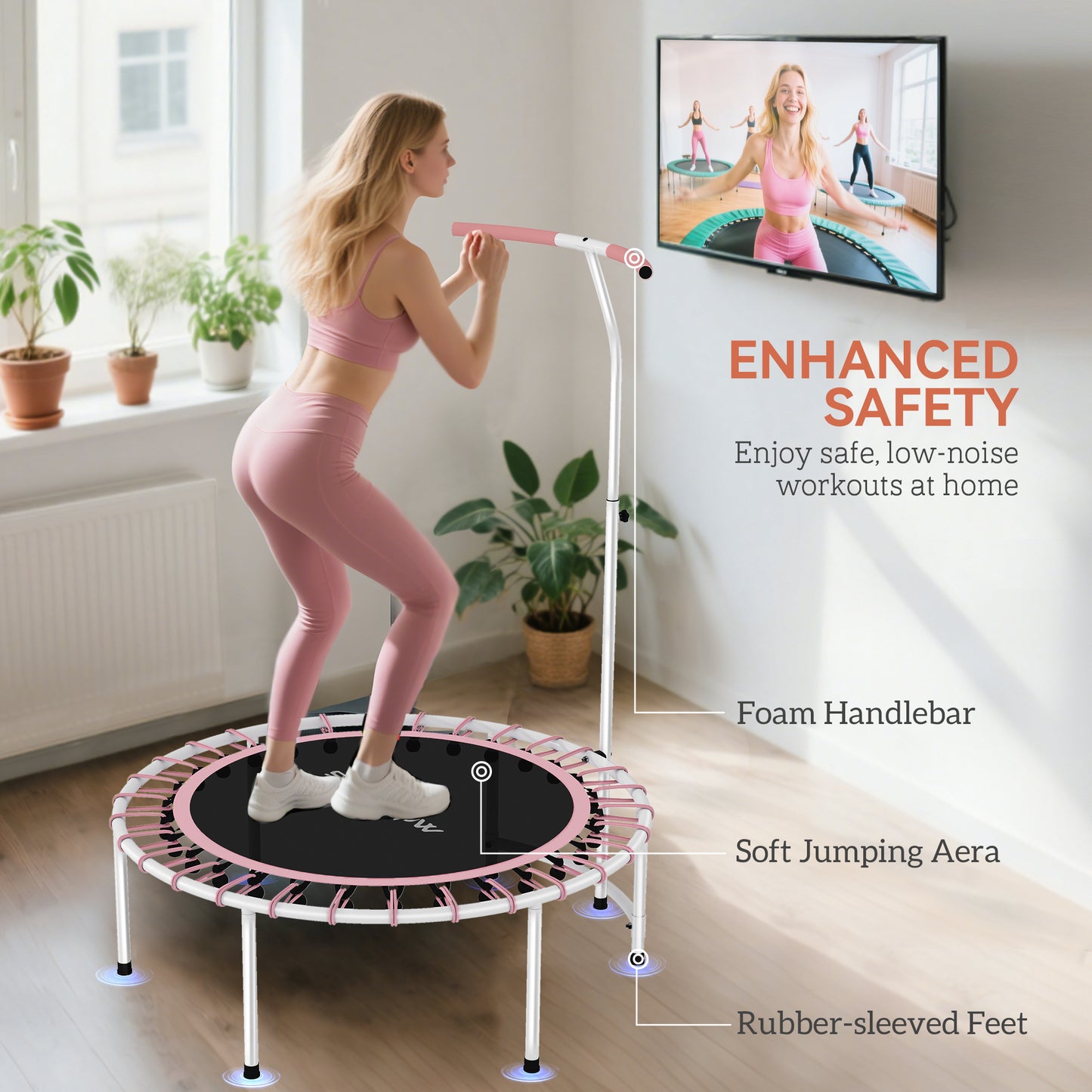 SPORTNOW 40" Fitness Trampoline, Mini Rebounder for Adults with 5-Level Adjustable Handle, Indoor Bungee, Max Load 100KG, Pink