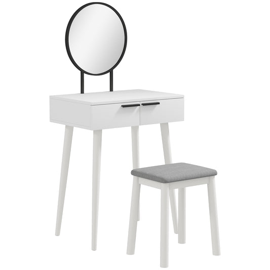 HOMCOM Dressing Table with Mirror and Stool, Vanity Makeup Desk Set with 2 Drawers, Cushioned Stool, Organizer, 60x40x123 cm, White
