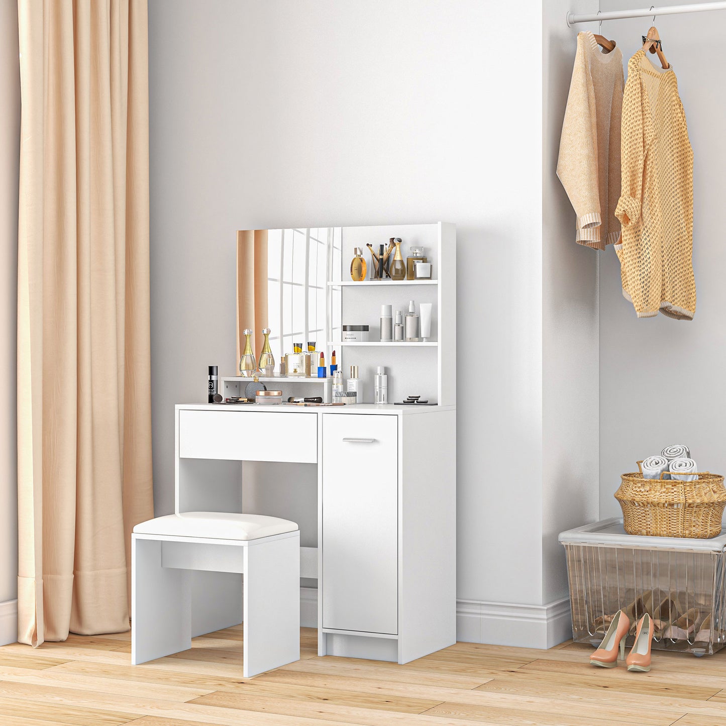 HOMCOM Dressing Table Set with Mirror, Stool, Drawer, Storage Cabinet, Adjustable Shelf, White