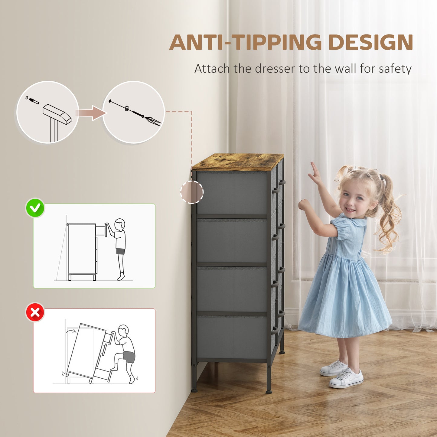 HOMCOM Chest of Drawers, Industrial Dresser with 8 Fabric Drawers, Steel Frame, Wooden Top for Bedroom, Nursery, Hallway, Rustic Brown and Grey