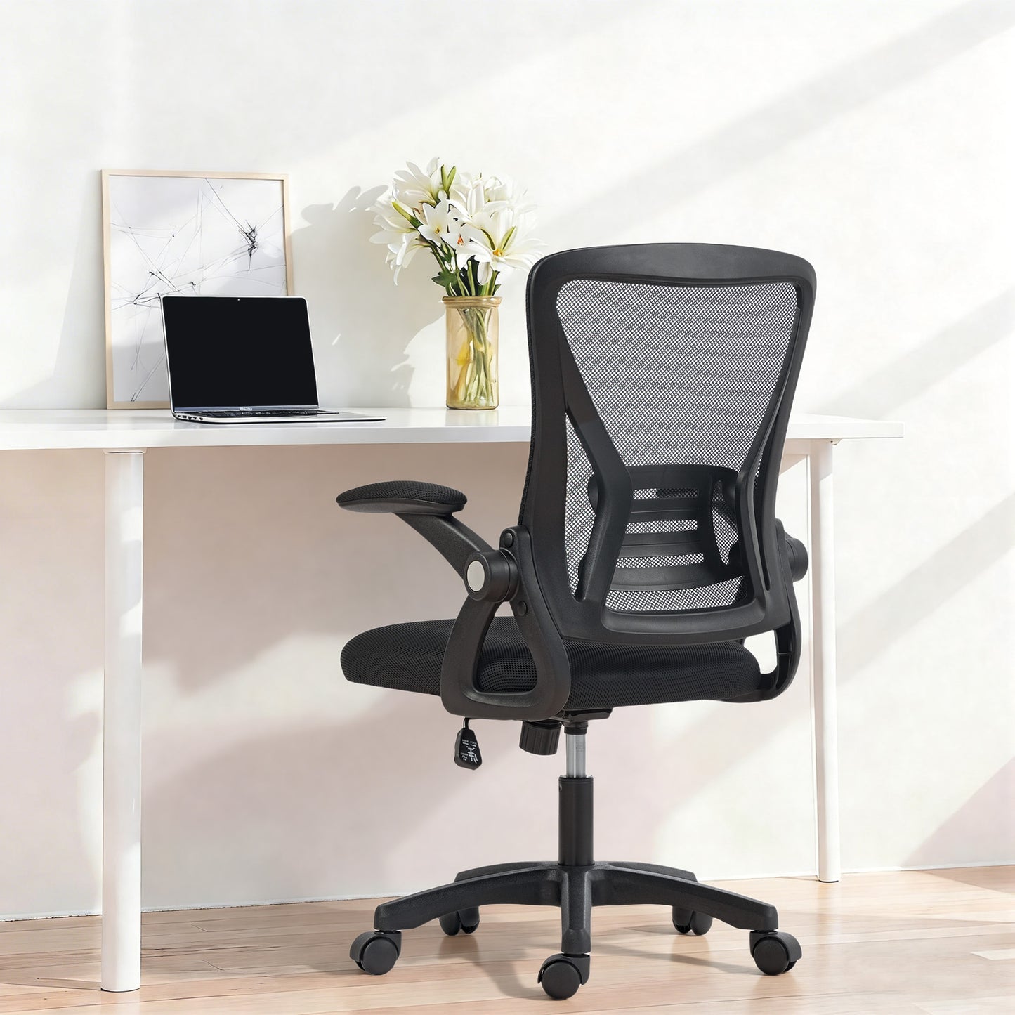 HOMCOM Office Chair, Mesh Desk Chair with Flip-up Armrests, Lumbar Support, Adjustable Height, Black