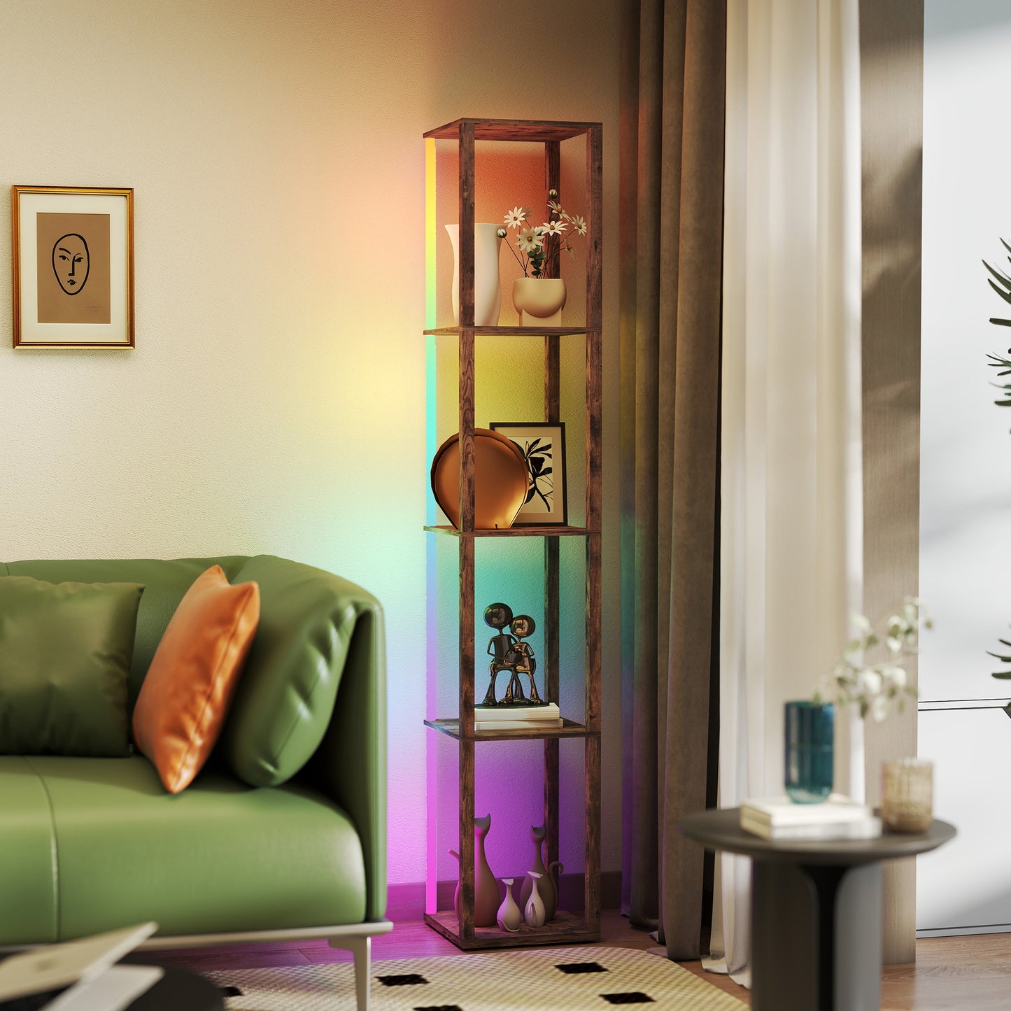 HOMCOM RGB LED Floor Lamp with Shelves, Modern Dimmable Light, Remote Control, Adjustable Brightness & Speed for Living Room, Rustic Brown