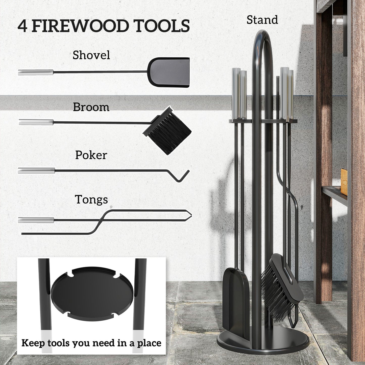 Outsunny 5-Piece Fireplace Set, Metal Accessories with Broom, Shovel, Poker, Tongs, Stand, Silver