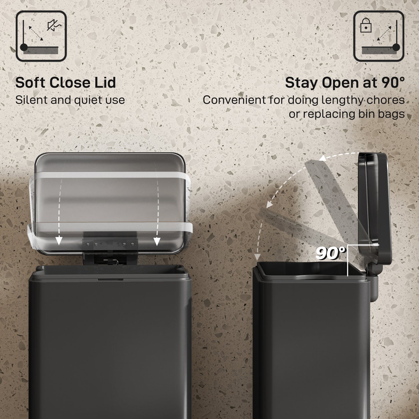 HOMCOM 20L Stainless Steel Pedal Bin with Soft-Close Lid & Stay-Open, Removable Inner Bucket for Kitchen, Office, Home, Matte Black