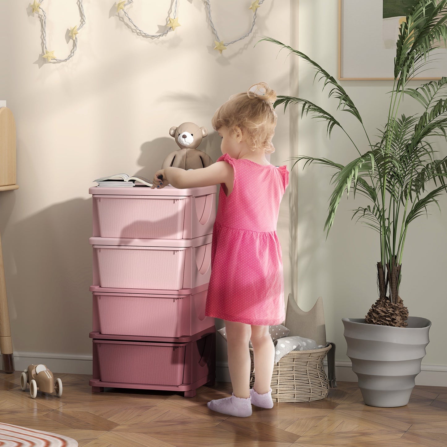 HOMCOM Four-Tier Kids Storage Boxes, with Four Drawers - Pink