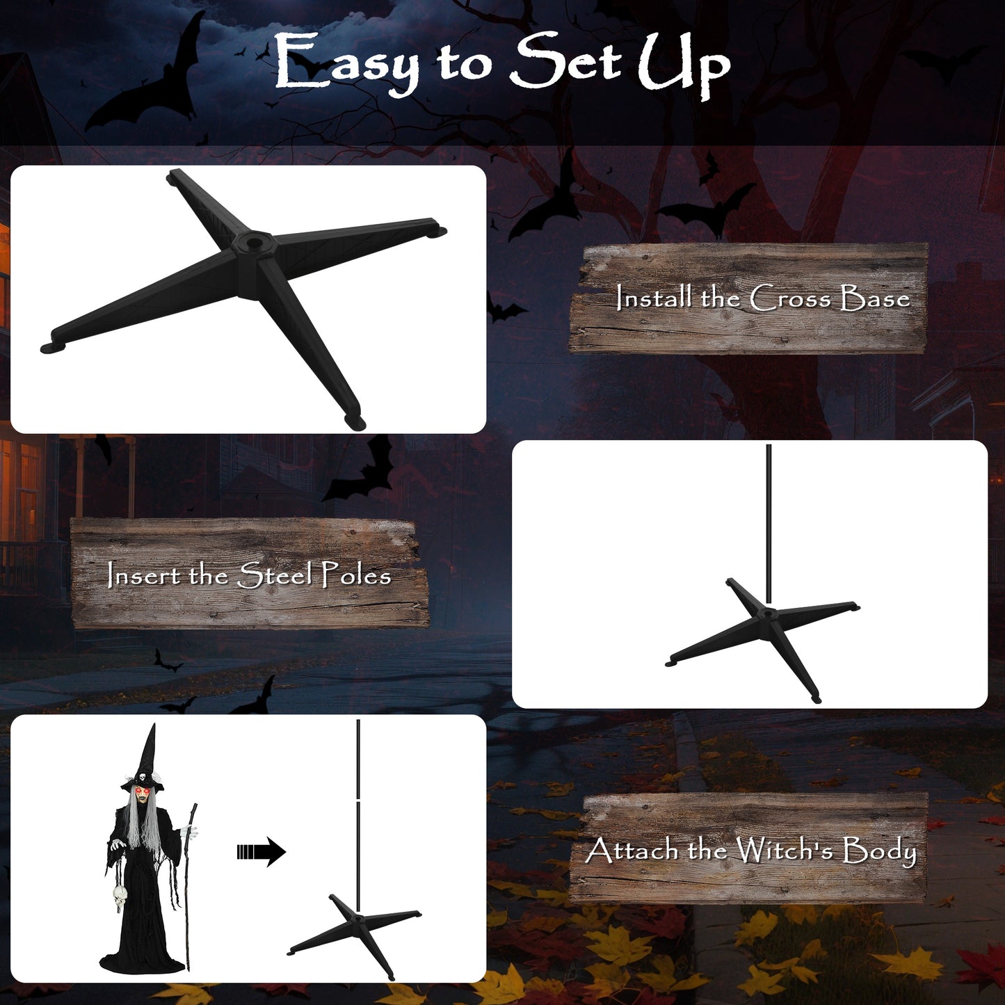 Outsunny 170cm Halloween Animated Witch & Staff, LED Eyes, Spooky Battery Operated Decoration, Indoor Party Prop, Life Size, Black