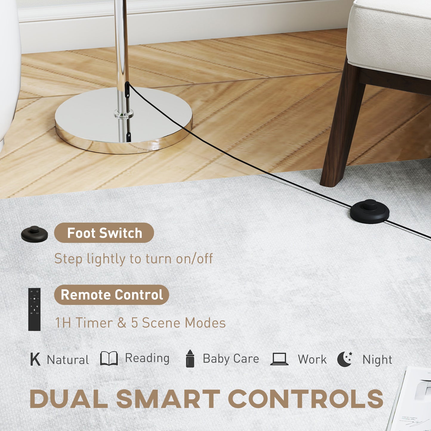 HOMCOM Floor Lamp with Remote, Height Adjustable, Linen Shade, Dimmable 3000K-6000K, Foot Switch for Living Room/Bedroom/Office, Silver Tone