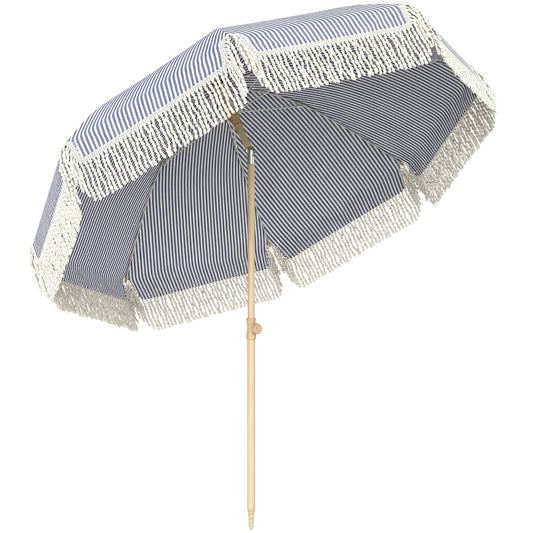 Outsunny 1.7 m Beach Umbrella with Sand Anchor, 30° Tilting Fringed Beach Garden Parasol with Adjustable Height, Blue