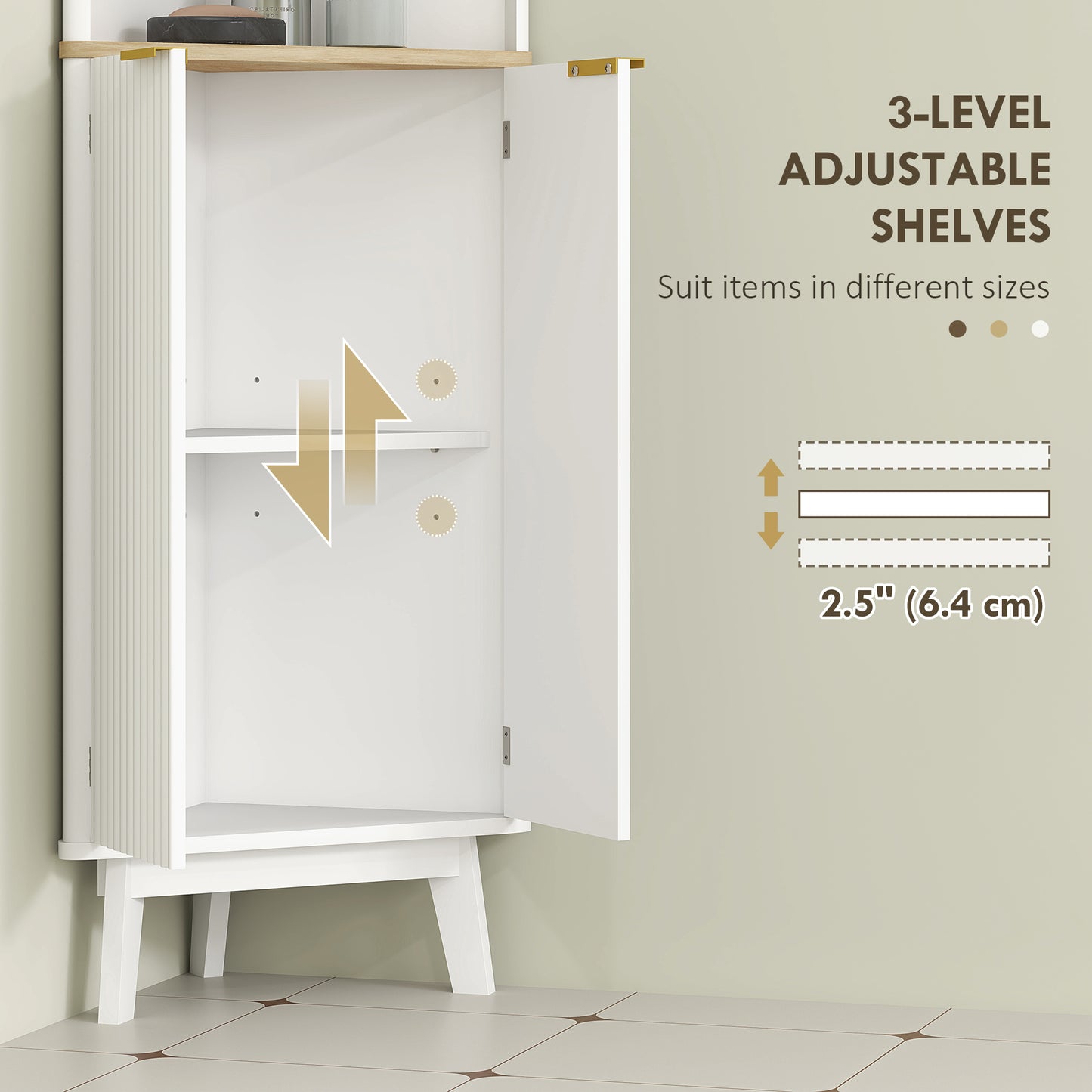 HOMCOM Tall Bathroom Storage Cabinet, Slim Unit with Doors & Adjustable Shelves, Freestanding Curved Design, White
