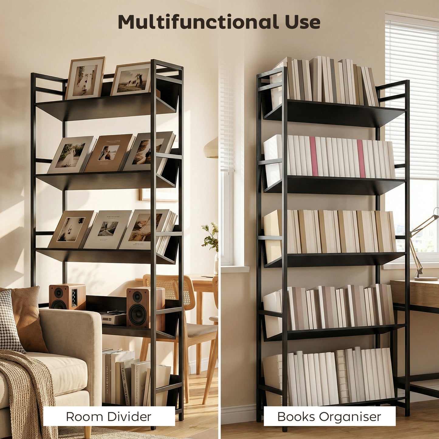 HOMCOM Bookshelf 5-Tier Metal Frame Bookcase Storage Shelves for Living Room Black