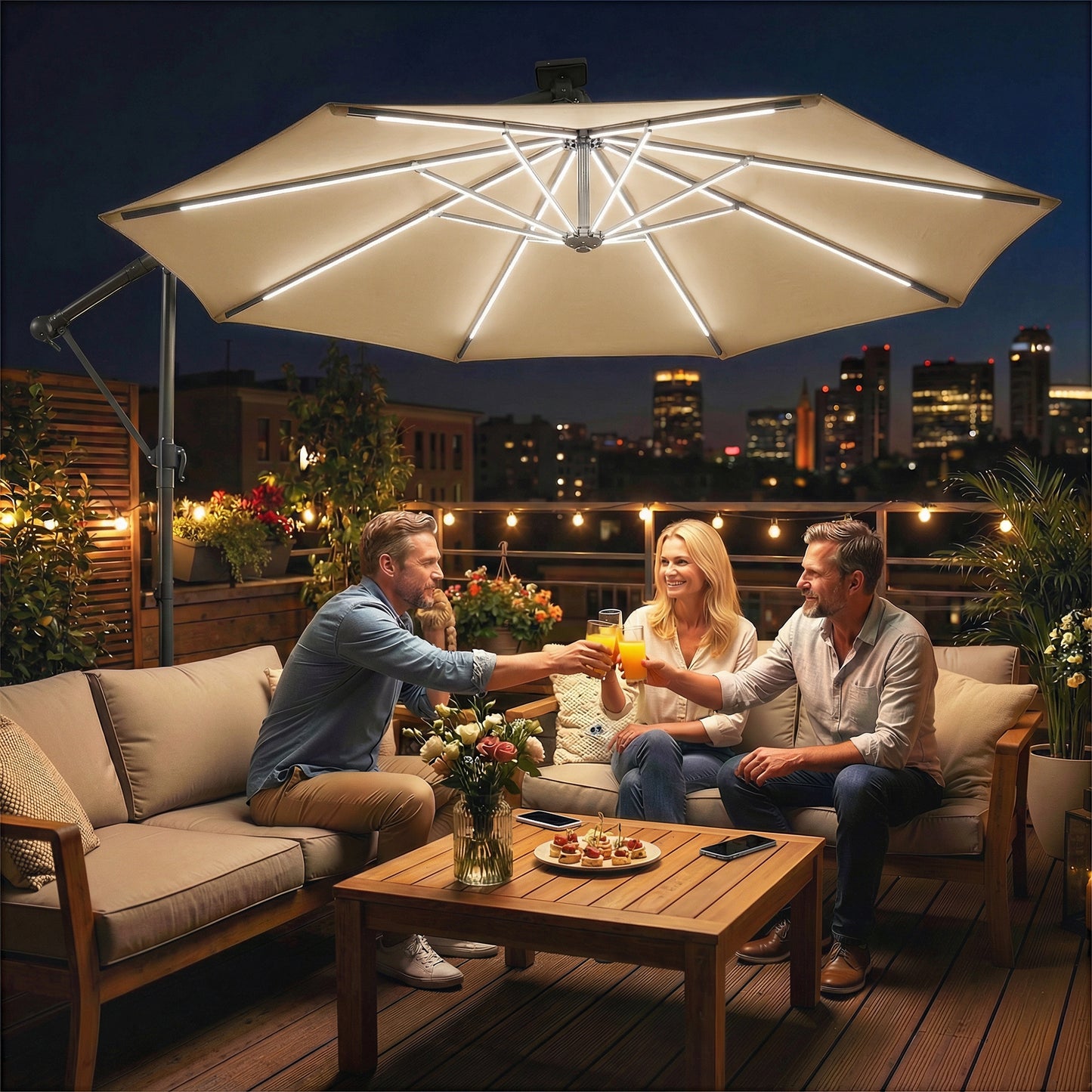 Outsunny 3 m Garden Cantilever Parasol with LED Solar Light, Round Overhanging Umbrella with 360° Rotation, Cover, Khaki