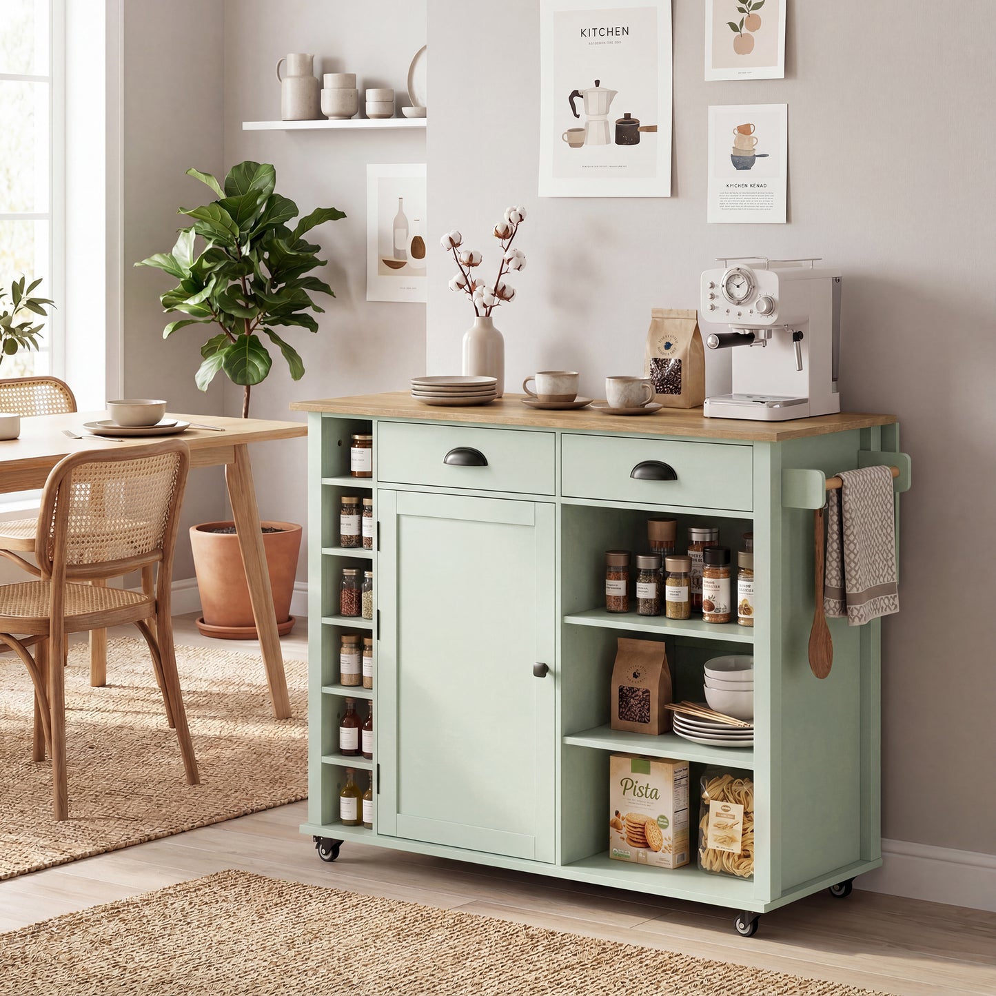 HOMCOM Kitchen Island with Drop Leaf Tabletop Kitchen Island on Wheels Storage Cabinet Shelf Trolley Light Green