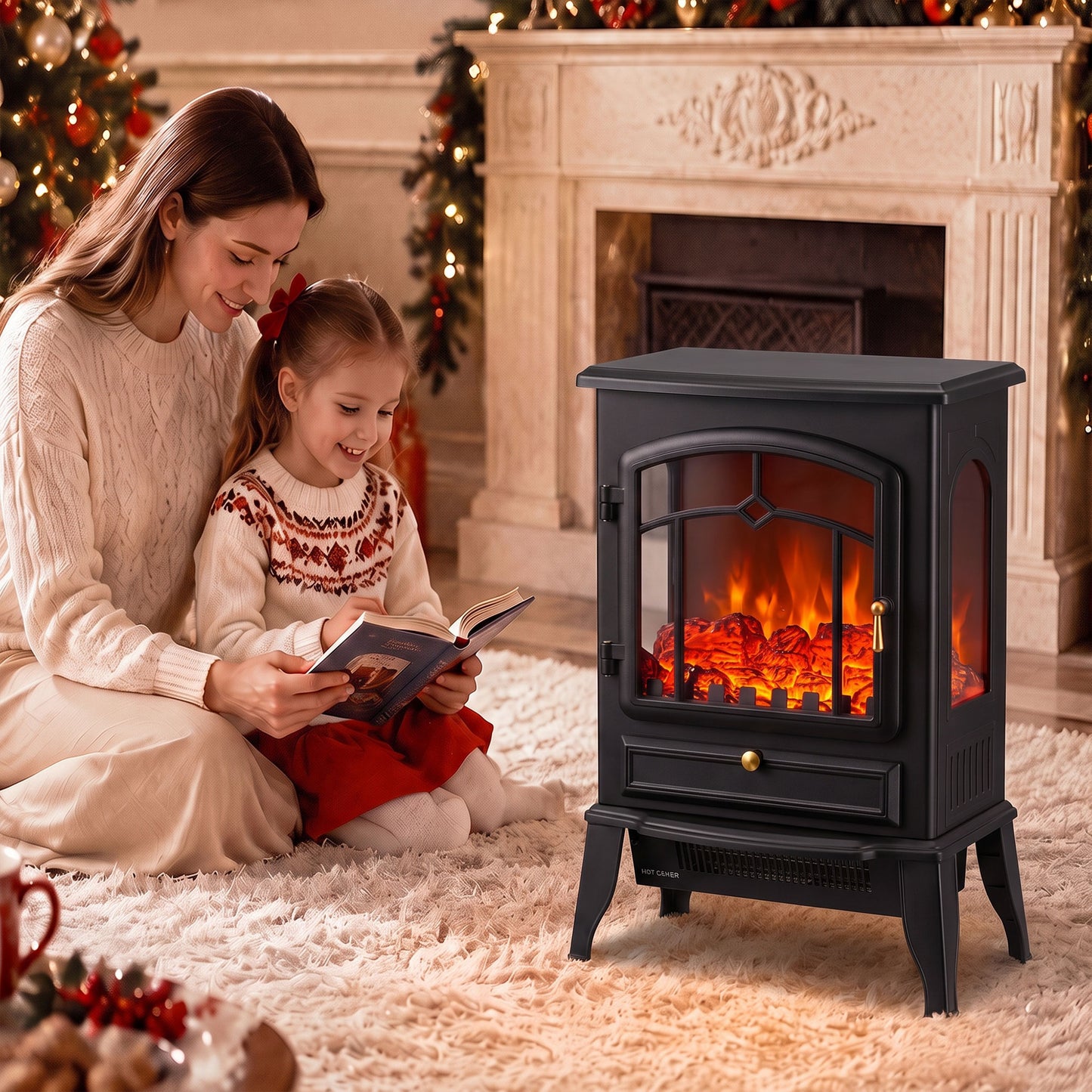 HOMCOM Electric Fireplace Stove, 1000/2000W 3-Sided Freestanding Fireplace Heater with 3D Flame Log, Thermostat, Black