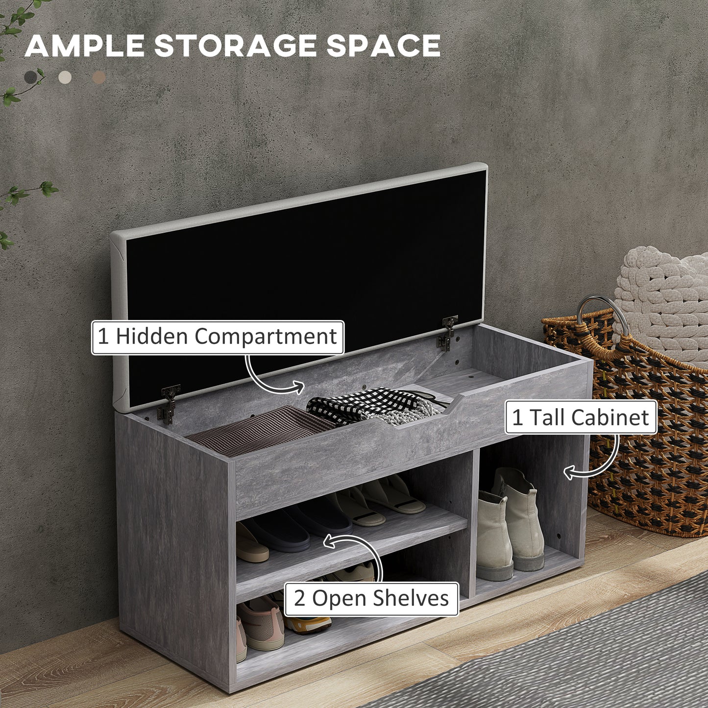 HOMCOM Shoes Cabinet Bench Hidden Storage Padded Seat Organiser Footwear Rack Hallway Grey Wood Grain
