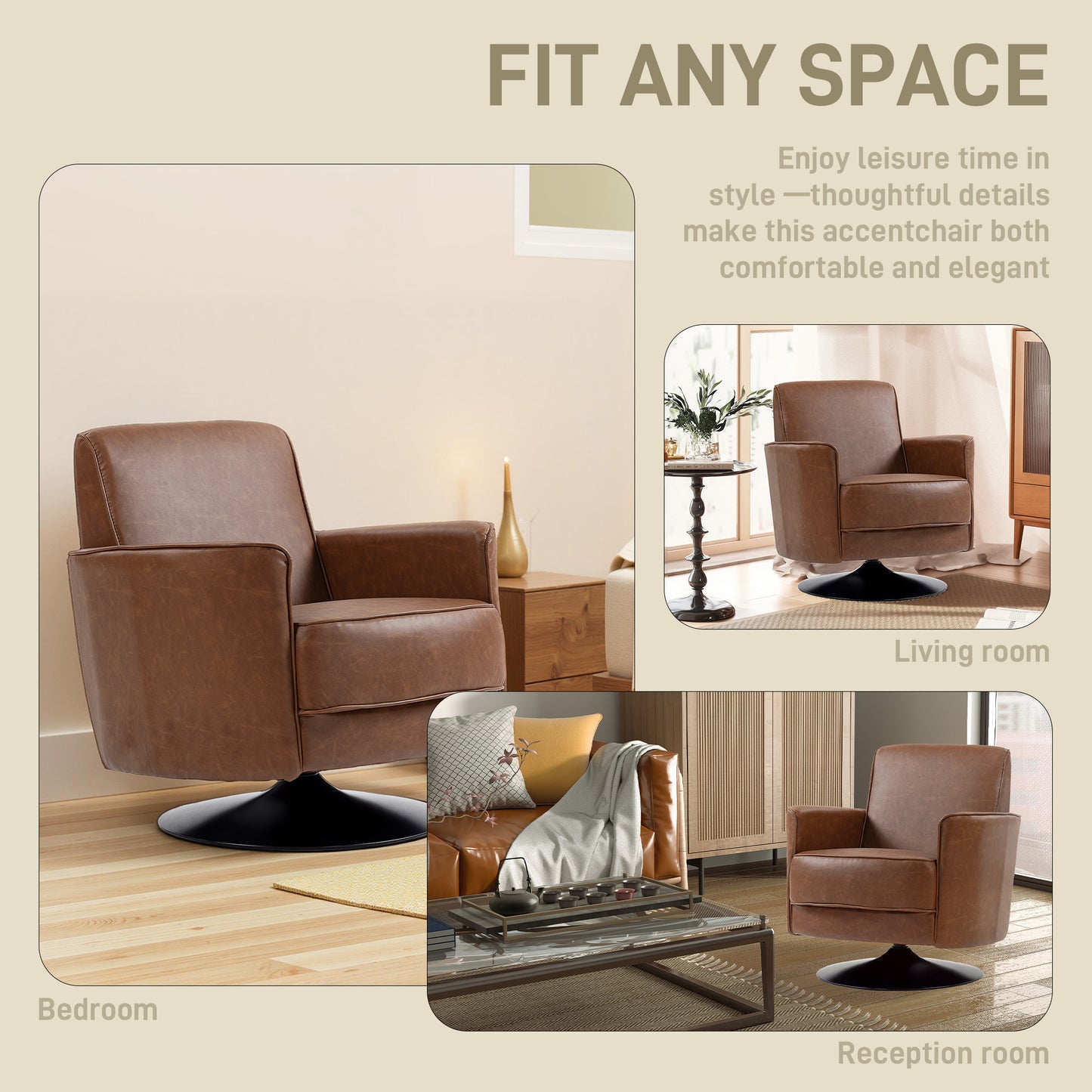 HOMCOM Upholstered Swivel Accent Chair with Thick Padding, Brown