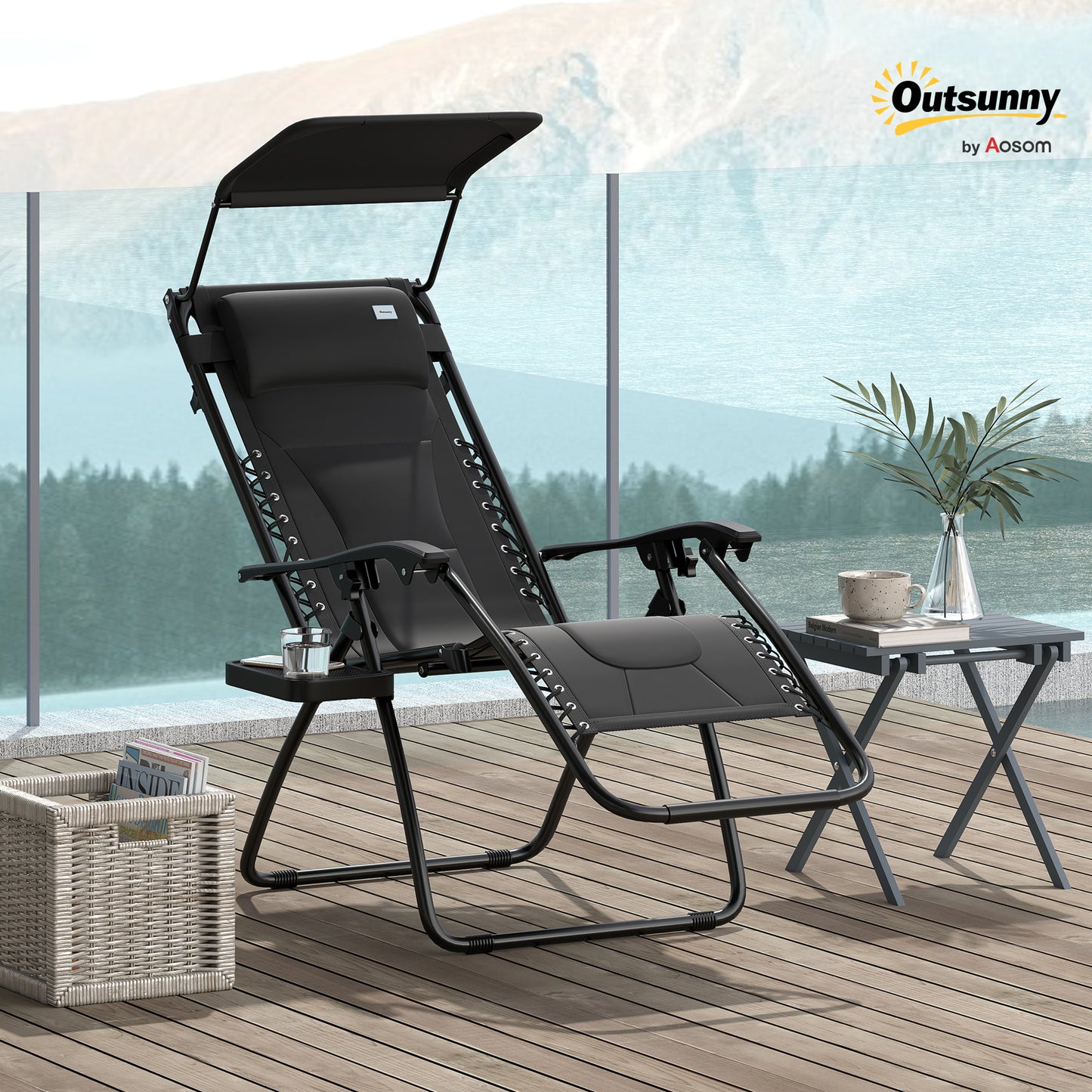 Outsunny Zero Gravity Lounger: Folding Reclining Chair with Shade, Cup Holder, Cushion & Headrest, Black