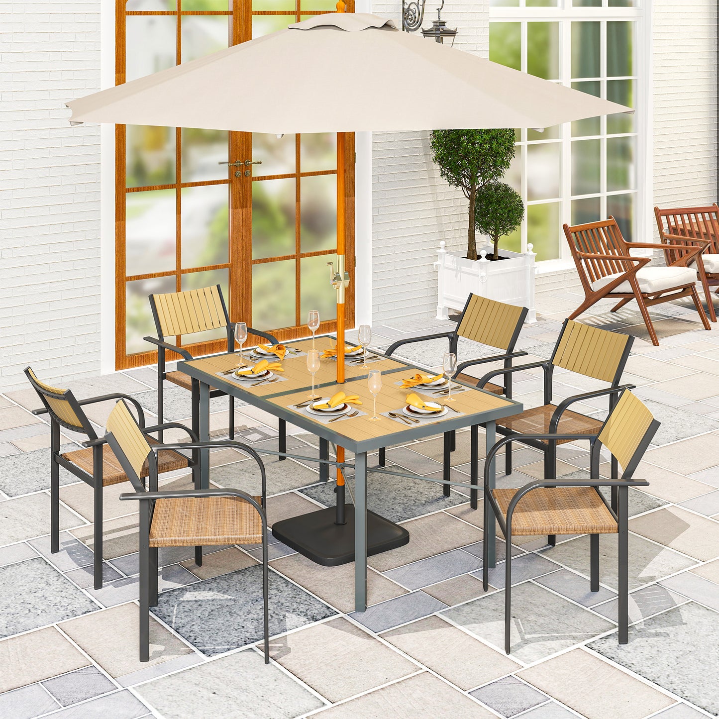Outsunny Garden Table for 6, Outdoor Dining Table, Wood Effect Top, Rust Resistant Frame, 5cm Umbrella Hole, 150 x 90 cm, for Patio, Balcony, Terrace