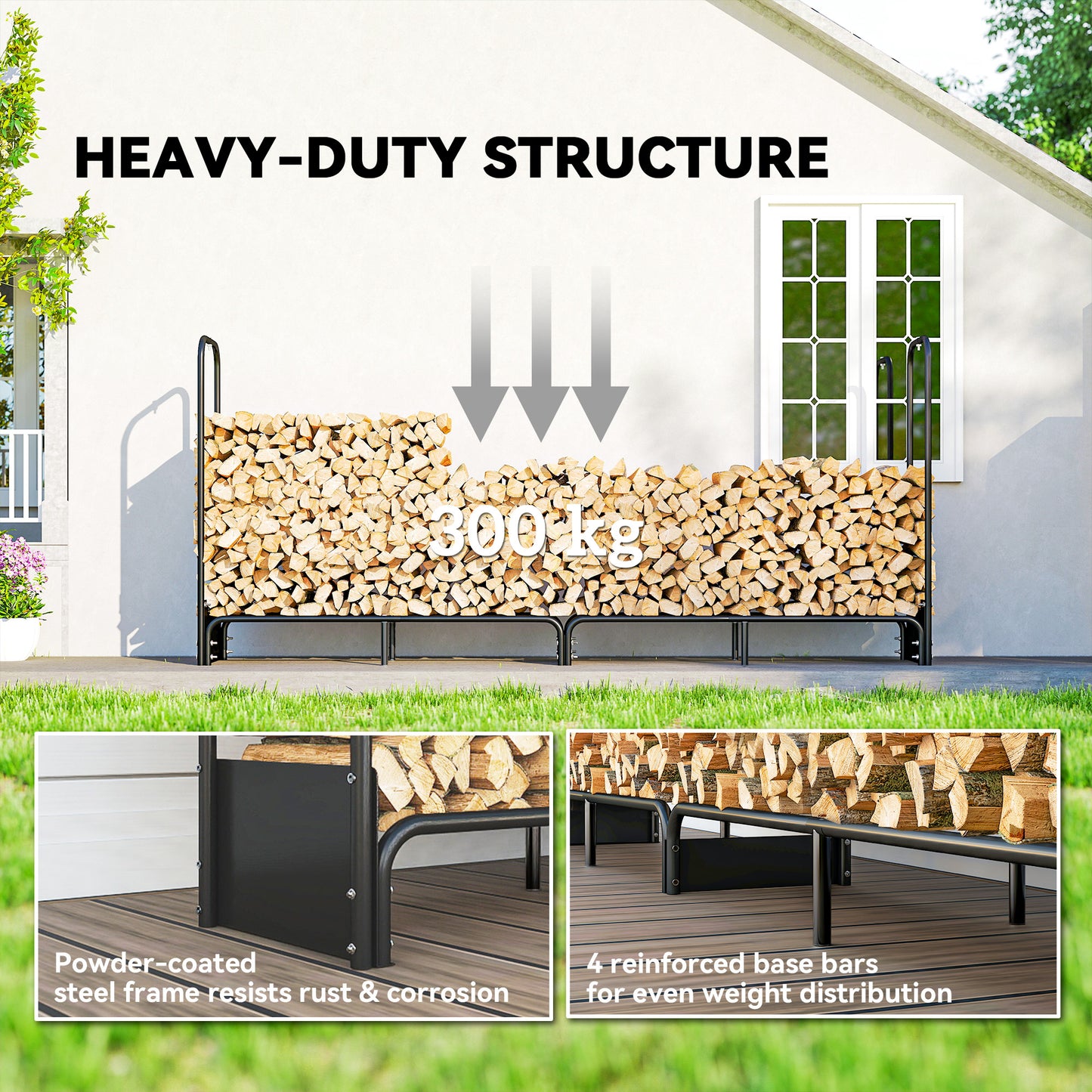 Outsunny Firewood Rack, 8.5ft Heavy Duty Log Storage with Waterproof 600D Oxford Cover, 300 kg Capacity, Black