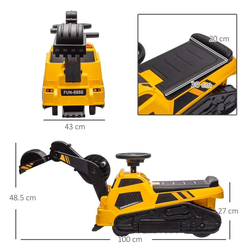 HOMCOM 3 in 1 Ride-On Excavator, Bulldozer, Road Roller, with Music, Anti-Roll Device, for Ages 18-48 Months - Yellow