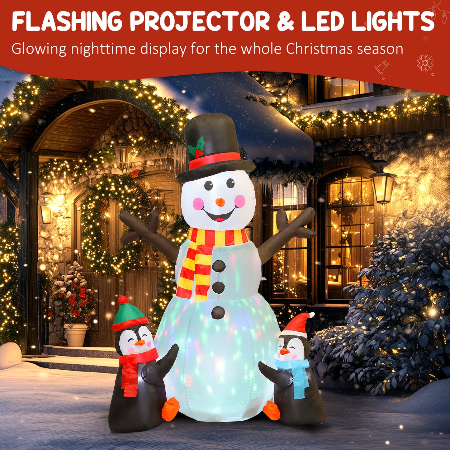 Outsunny 6FT Christmas Inflatables Snowman & Penguins with LED Lights and Flashing Projector, Indoor Outdoor Decor, Garden, Blow Up Decoration