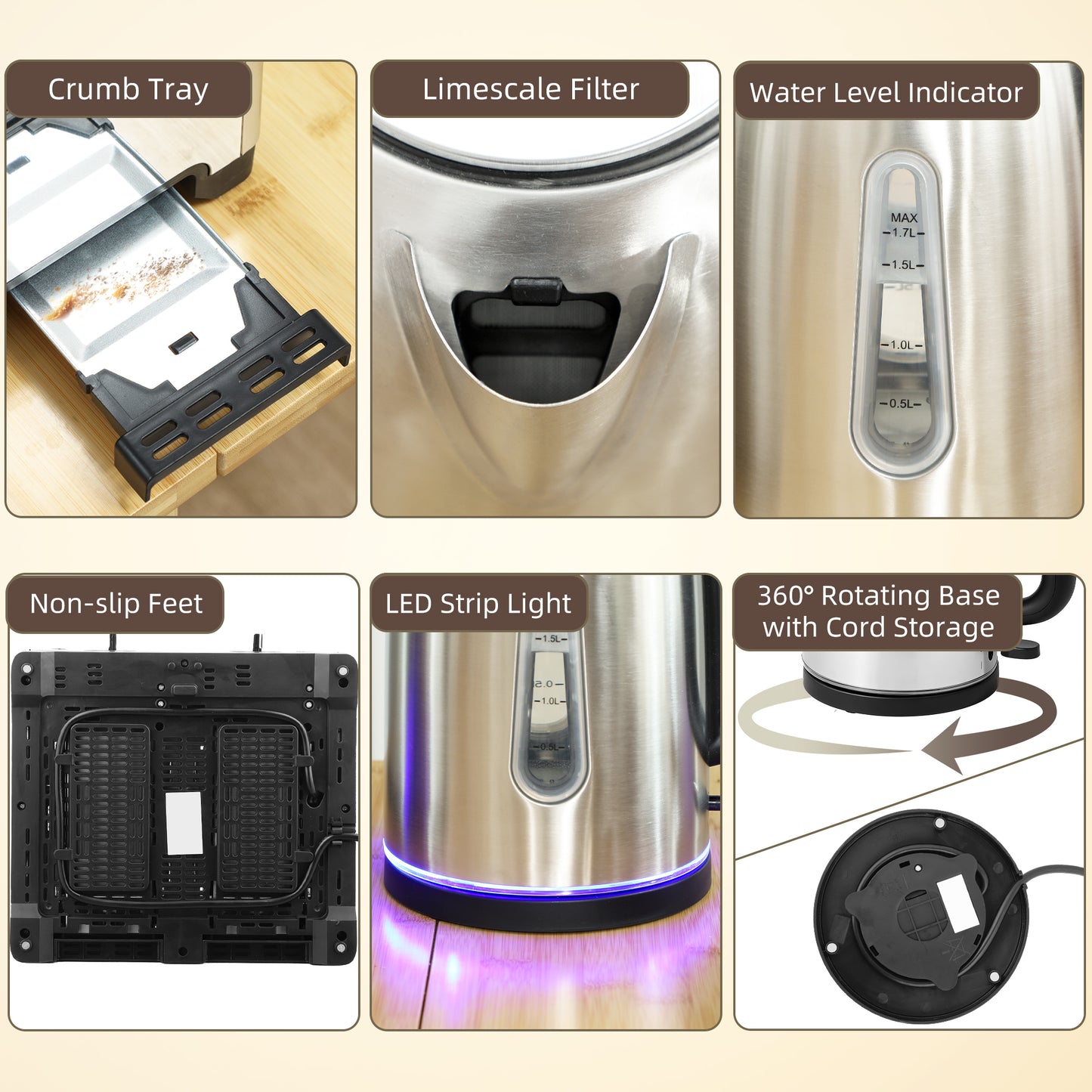 HOMCOM Kettle & Toaster Set, 1.7L 3000W Rapid Boil, Strix Thermostat, Limescale Filter, 4 Slice Toaster, 7 Browning Levels, Crumb Tray, Silver Tone