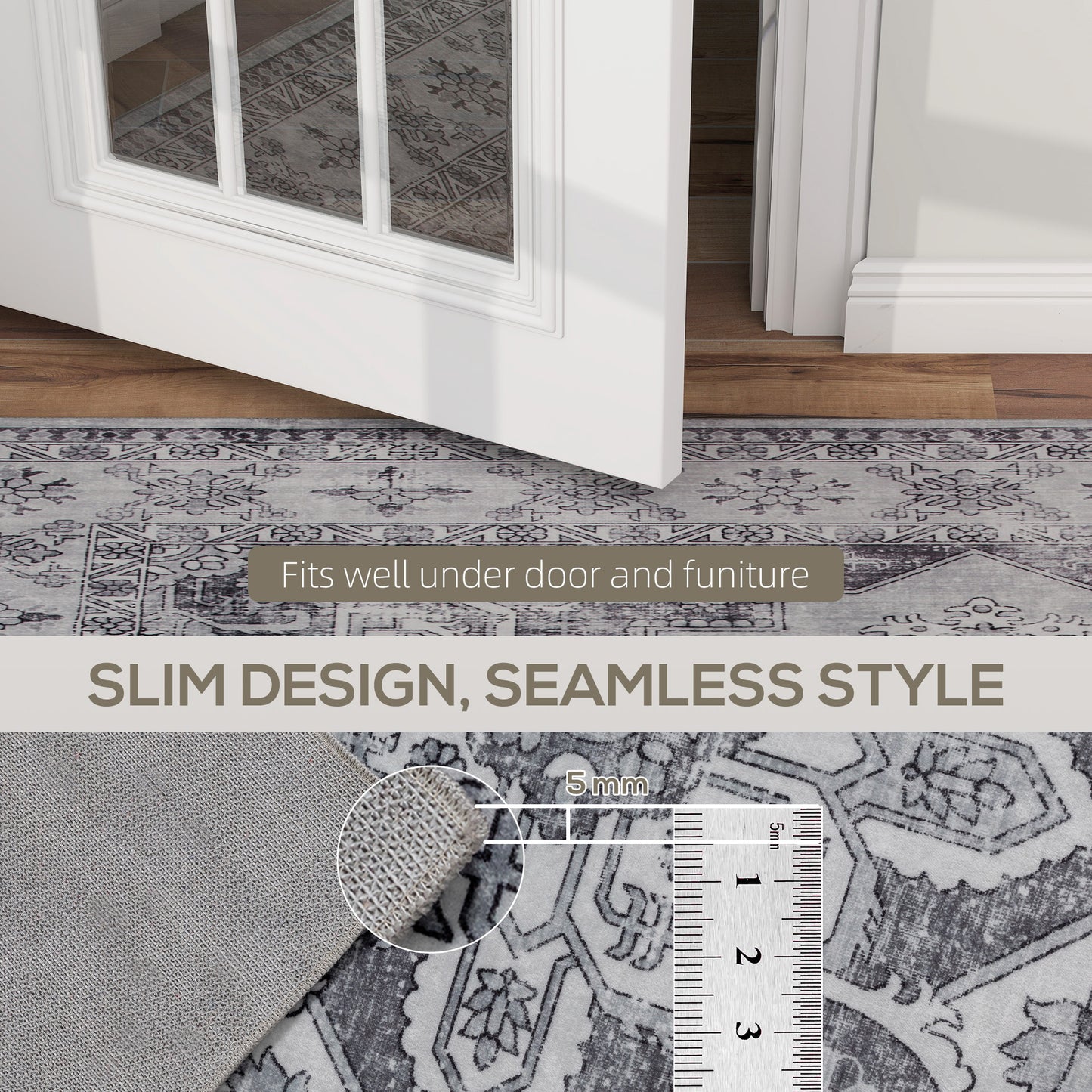 HOMCOM Vintage Area Rug, Floral Pattern, Non-Slip, Washable Flannel Carpet for Living Room, Bedroom, Dining Room, Home Office, 230x160 cm, Grey