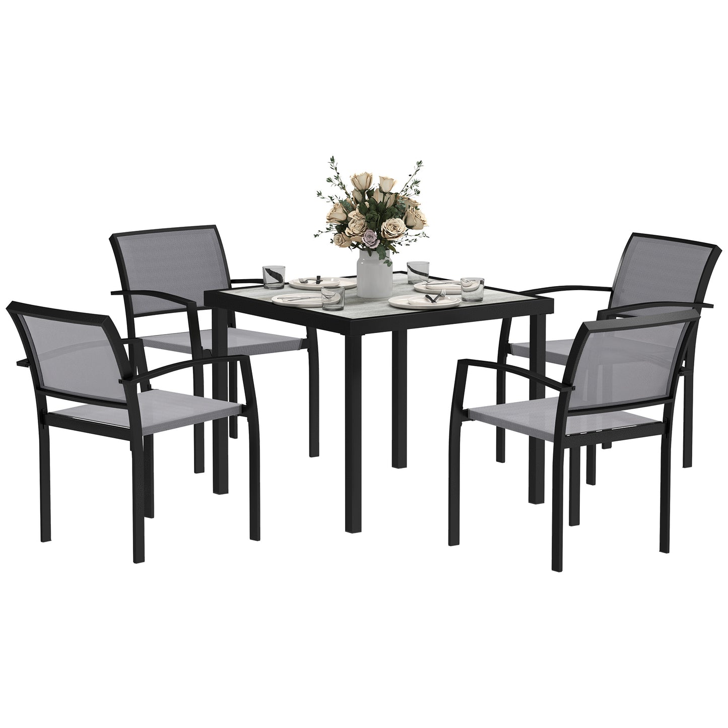 Outsunny 5 Piece Garden Furniture Set with 4 Stackable Armchairs, Easy Clean Top, Steel Frame, Texteline Seat, Grey