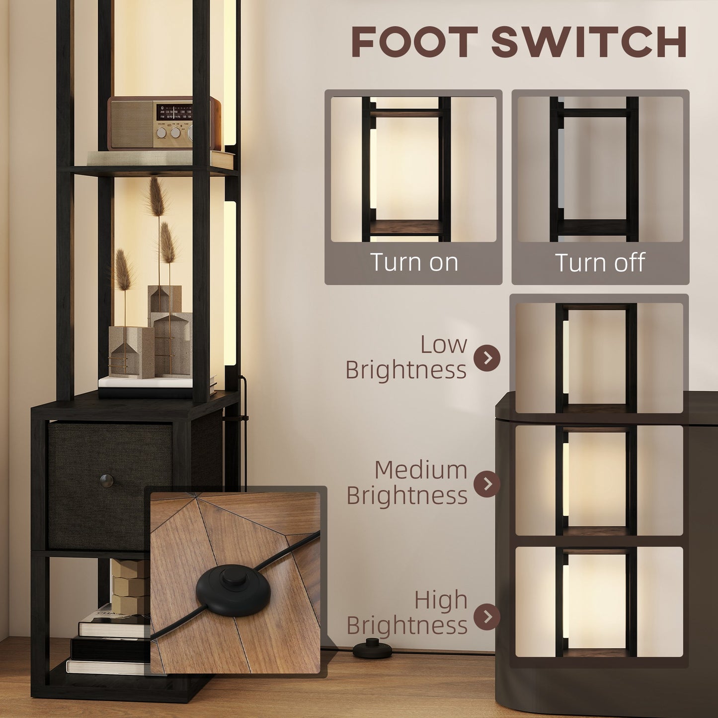 HOMCOM Floor Lamp with Shelves, LED Modern Standing Lamp, Fabric Drawer, Adjustable Brightness, Foot Switch for Living Room, Bedroom, Office, Black