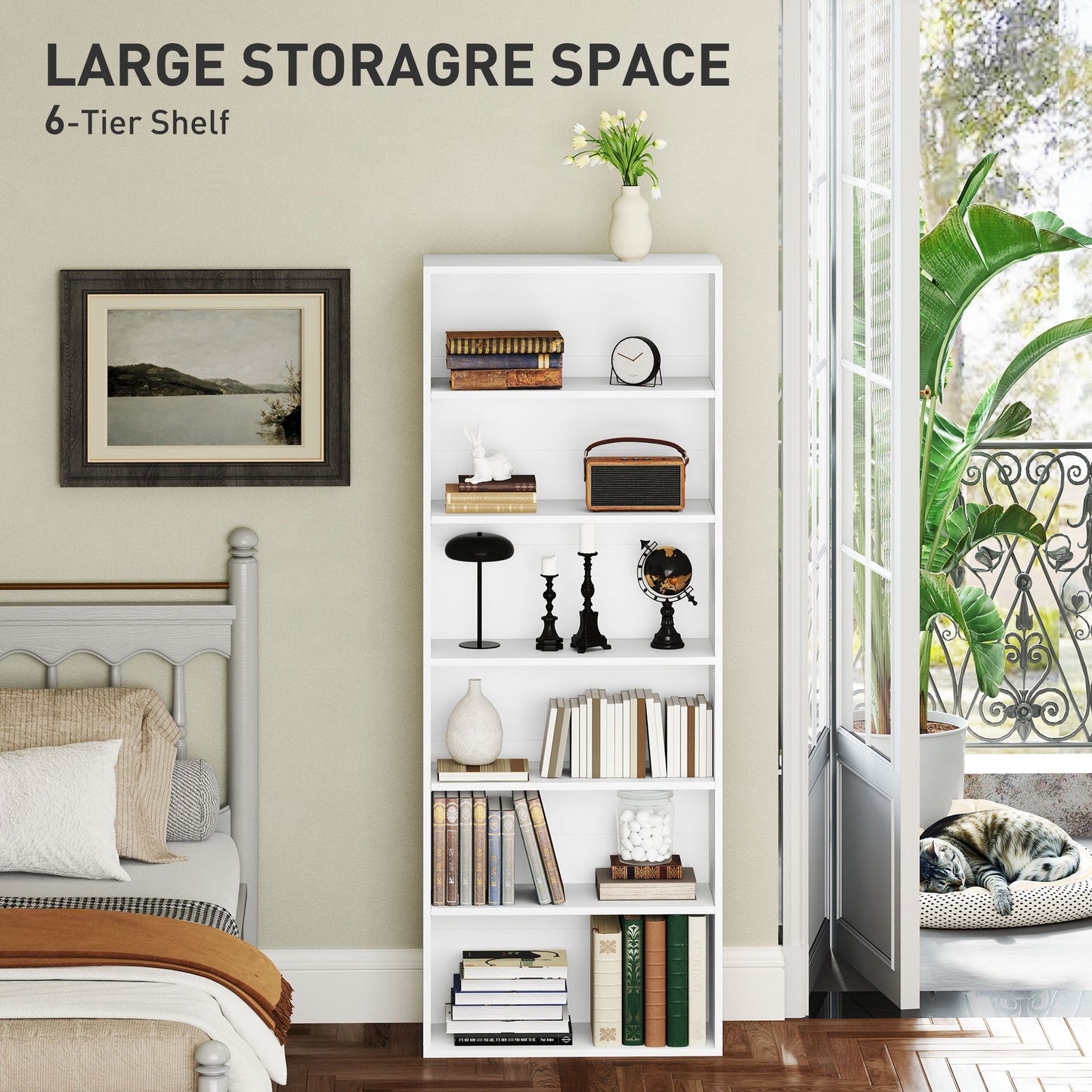 HOMCOM 6 Tier Bookshelf, Freestanding Adjustable Shelves, Display Storage for Living Room/Bedroom/Study, 60x24x158.5 cm, White