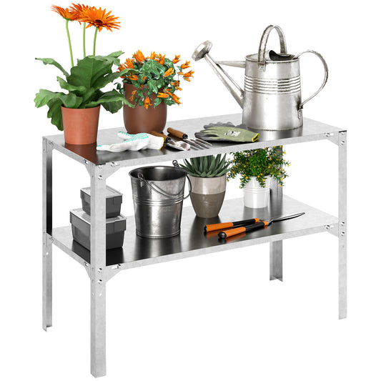 Outsunny 2-Tier Potting Bench Table, Galvanised Steel with Storage Shelf, for Garden/Patio/Greenhouse