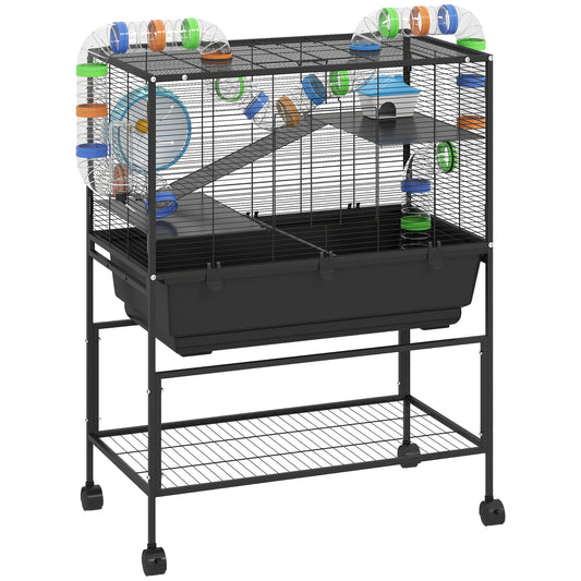 PawHut 3 Tier Large Hamster Cage on Wheels with 17 cm Deep Tray, Storage Shelf for Syrian, Gerbil, Rats