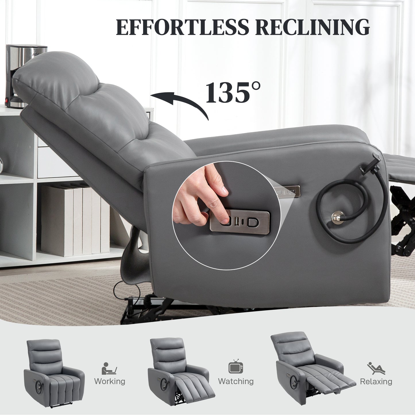 HOMCOM Electric Recliner Armchair, USB + Type C Charging, Phone Holder, PU Leather, Adjustable Leg Rest, for Home Living Room Theater, Grey