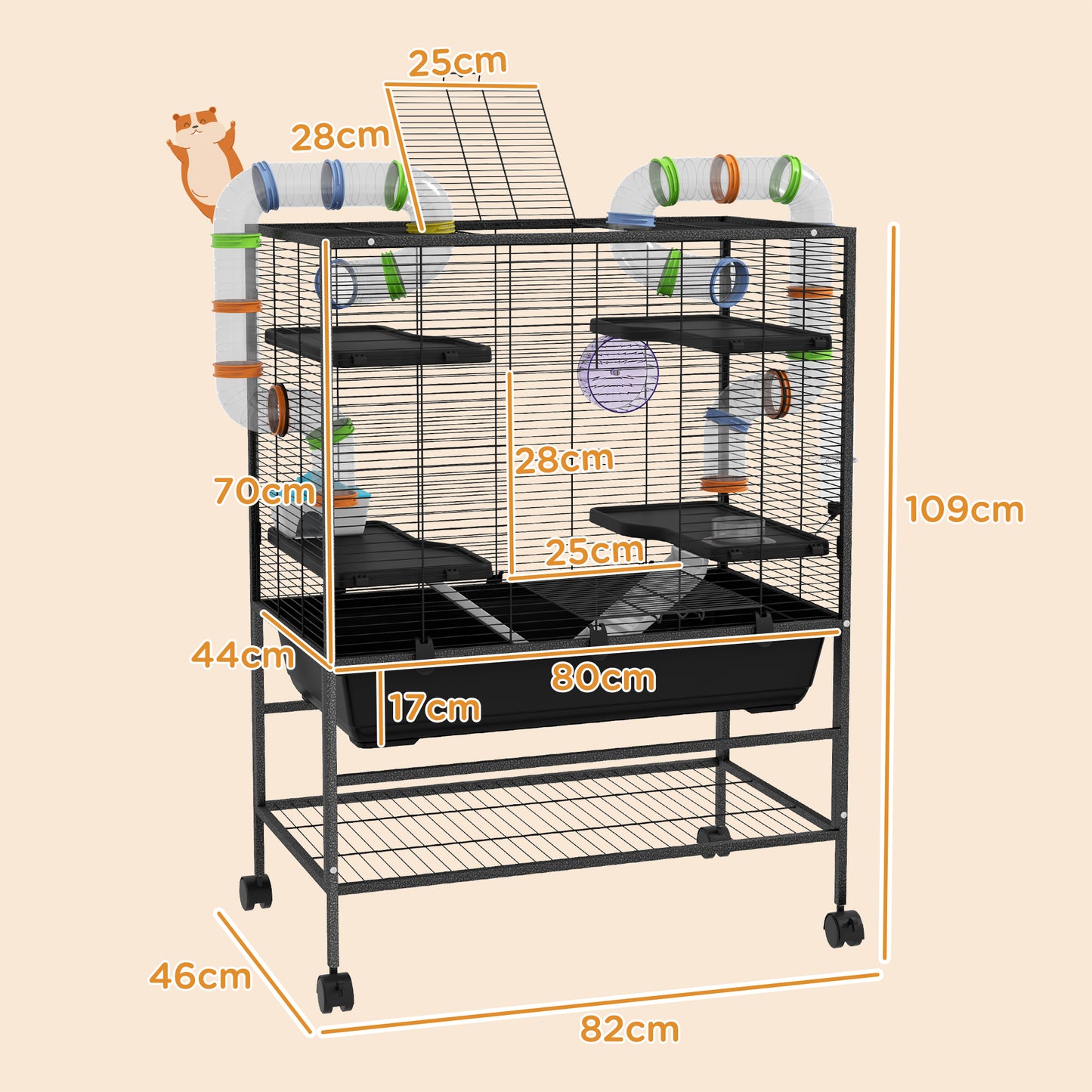 PawHut Large Hamster Cage Gerbil Cage with Tubes Storage Shelf Ramps Platforms Running Wheel - Black