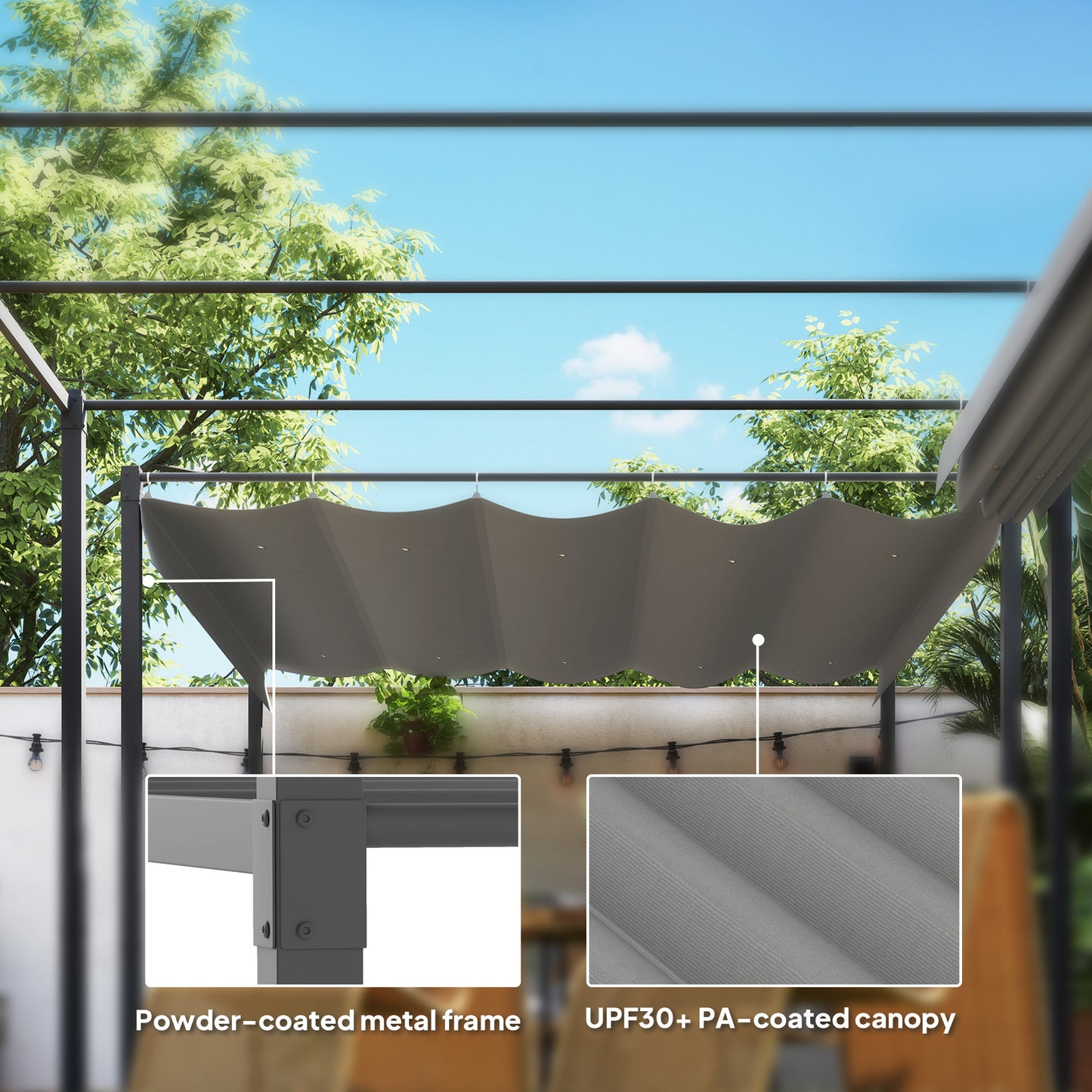 Outsunny 3 x 3(m) Garden Pergola with Retractable Roof and Magnetic Fixture, Outdoor Pergola Kit Sun Shade Canopy, UPF30+, Grey
