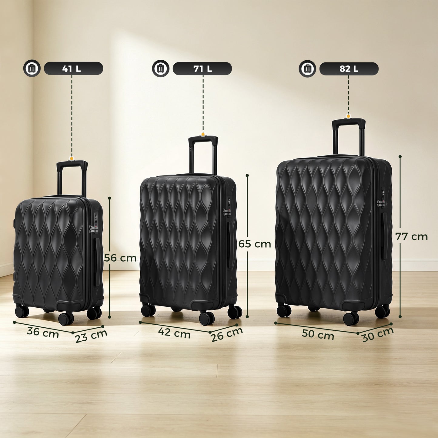HOMCOM 3-Piece Suitcase Set, Hard Shell Carry On & Checked Luggage Set with TSA Lock, 20/24/28 Inch, Black