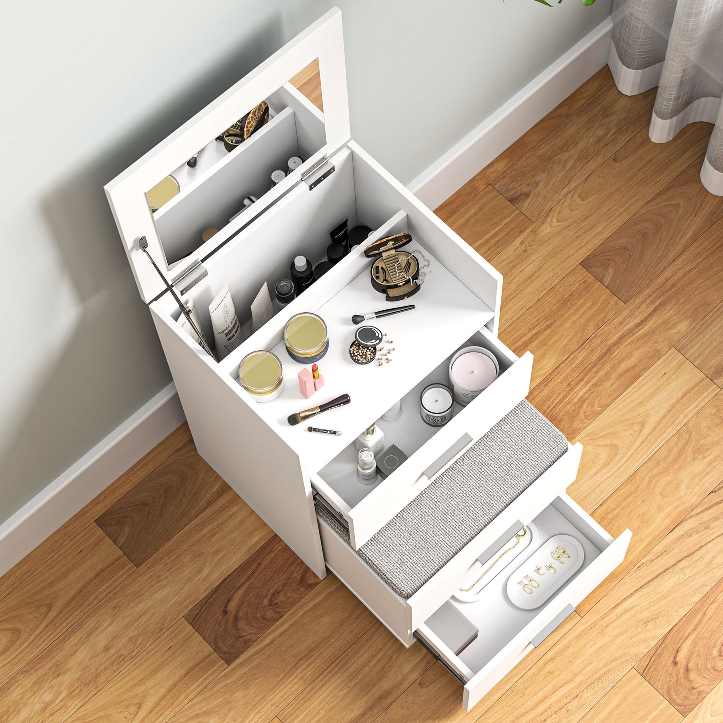 HOMCOM Vanity Desk with Mirror, Modern Dressing Table and Stool w/2 Drawers, Wheels, Flip-Up Mirror, Shelf, White