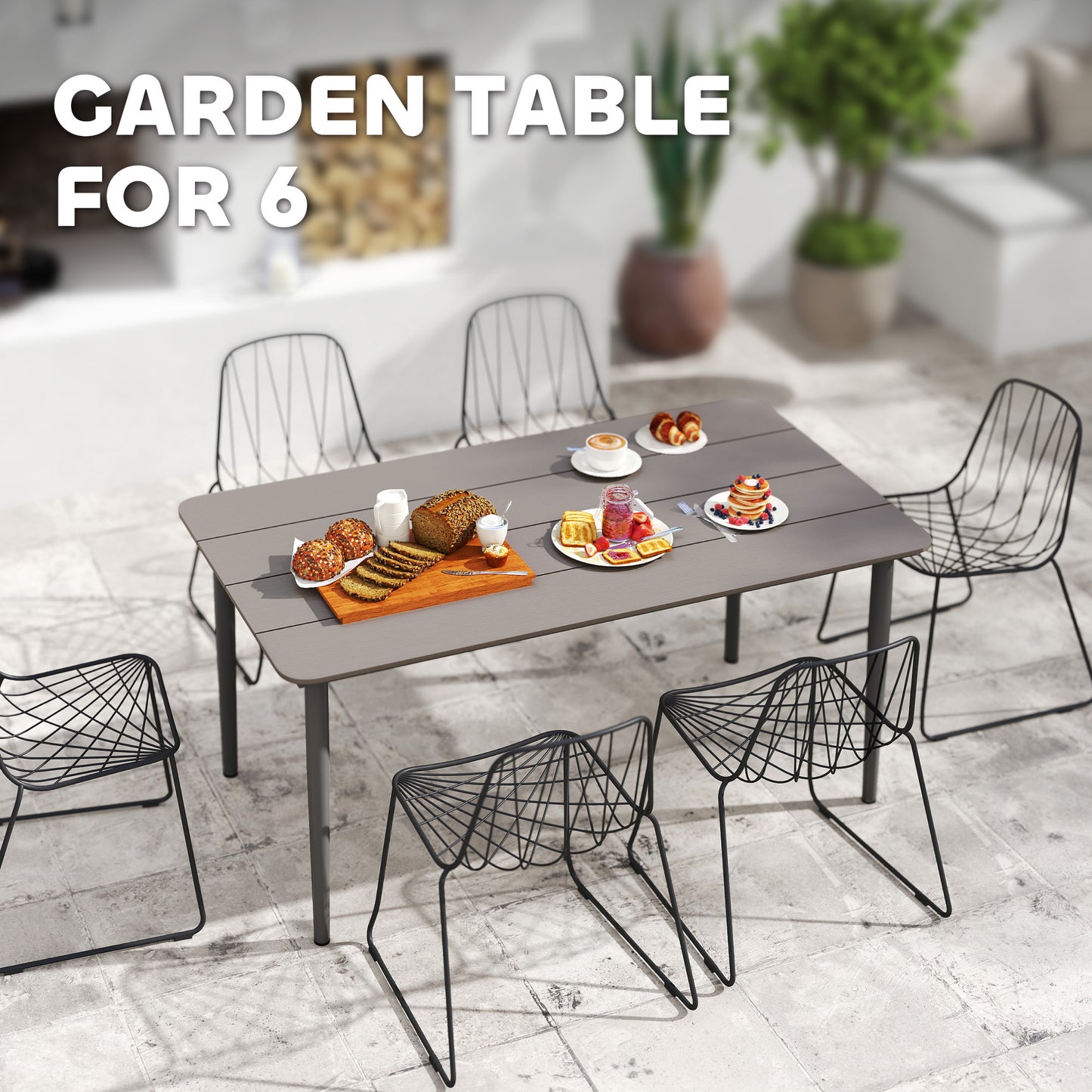 Outsunny Garden Table, Outdoor Dining Table for 6 People, 160 x 90 x 74 cm, with Rust Resistant Metal Frame, WPC Top, for Balcony, Terrace, Dark Grey