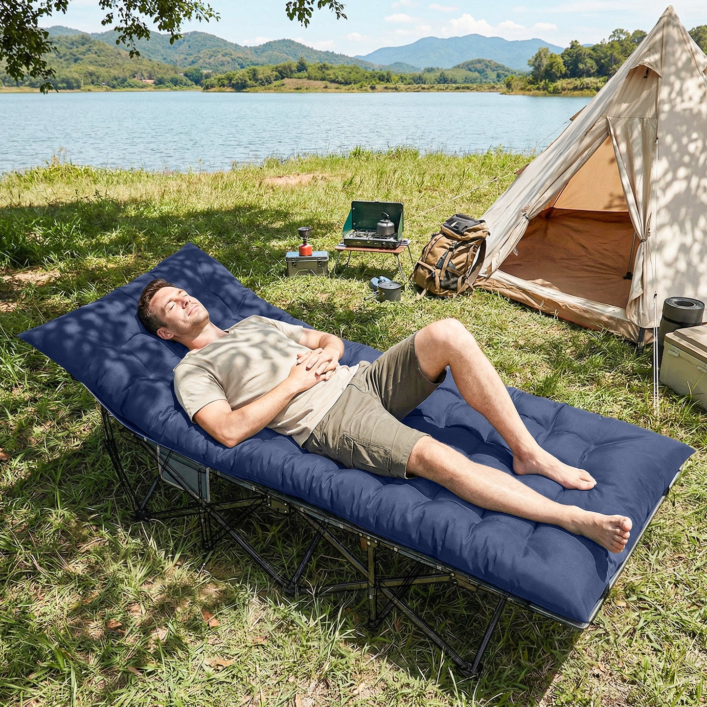 Outsunny Sleeping Mat, Foldable Camping Mattress Pad with Four Corner Elastic Straps, Dark Blue