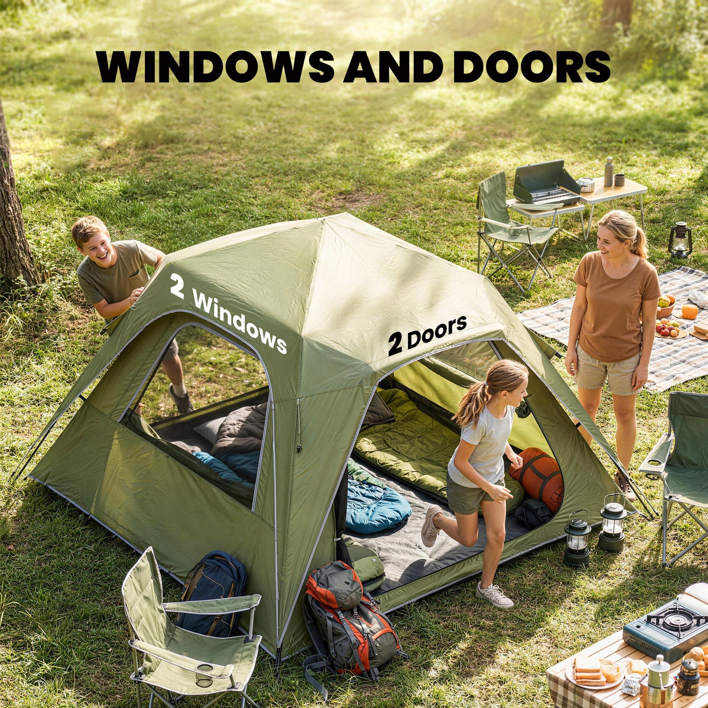 Outsunny Pop Up Tent 3000mm Waterproof Camping Tents with Mesh Windows 3-4 People Green