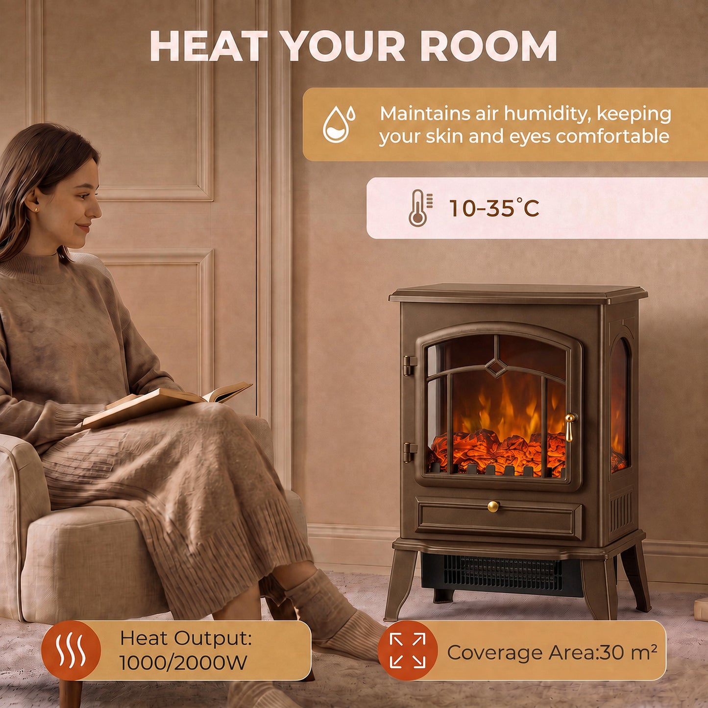 HOMCOM Electric Fireplace Stove, 1000/2000W 3-Sided Freestanding Fireplace Heater with 3D Flame Log, Thermostat, Brown