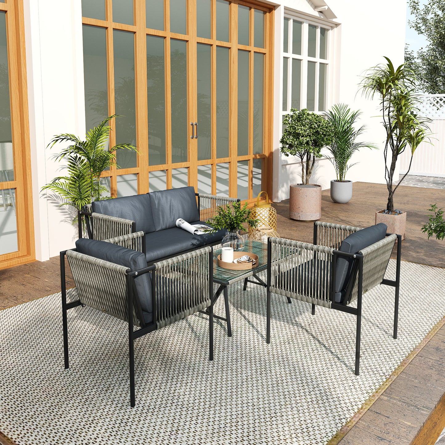 Outsunny 4 Piece Rattan Garden Furniture Set, 4 Seater Wicker Outdoor Set with 2 Armchairs, Loveseat, Coffee Table & Cushions, Grey
