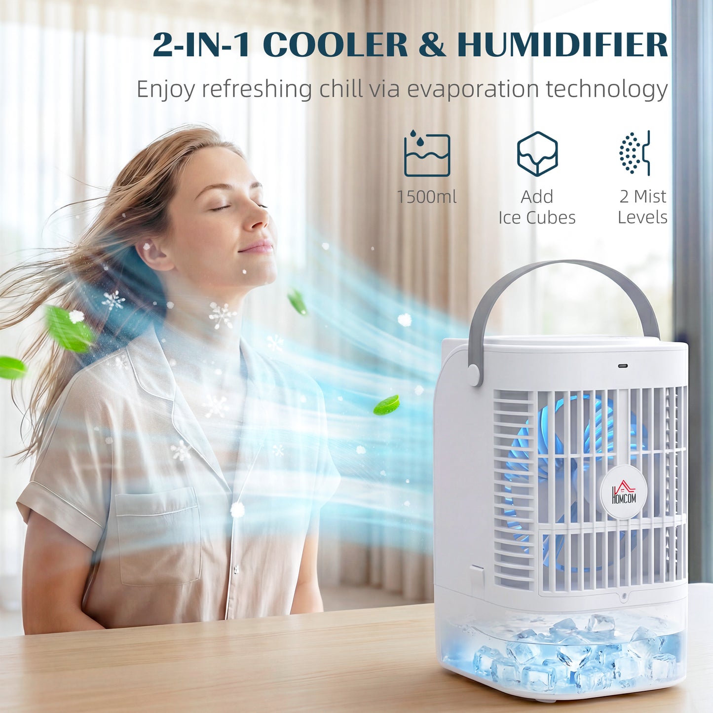 HOMCOM Portable Air Conditioner, 4-in-1 Mini Air Cooler with 4 Wind Speed, 2 Cool Mist, RGB 7 LED Light, White