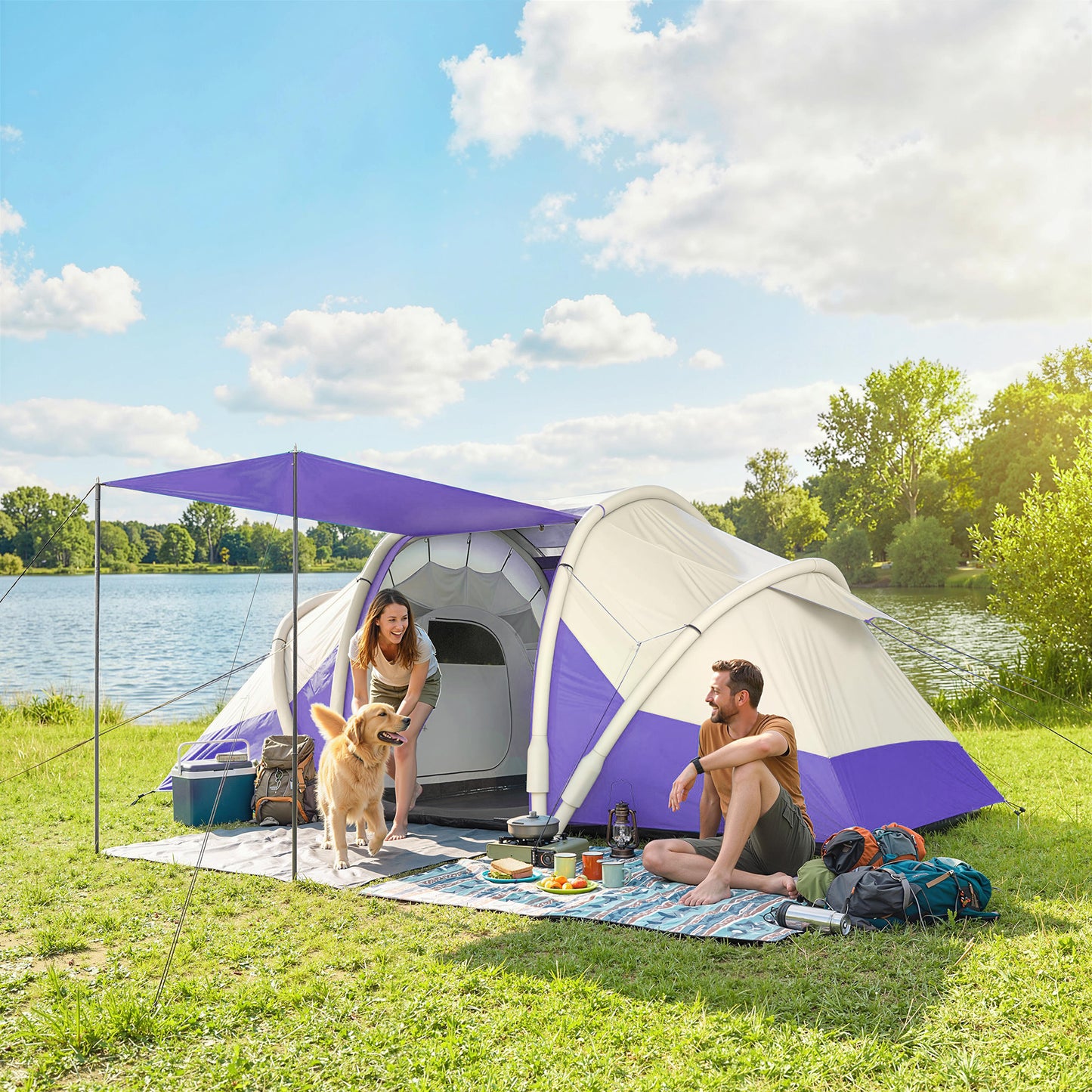 Outsunny Inflatable Tent 2 Bedroom 3000mm Waterproof Windproof Air Tent Carry Bag for 4 Person