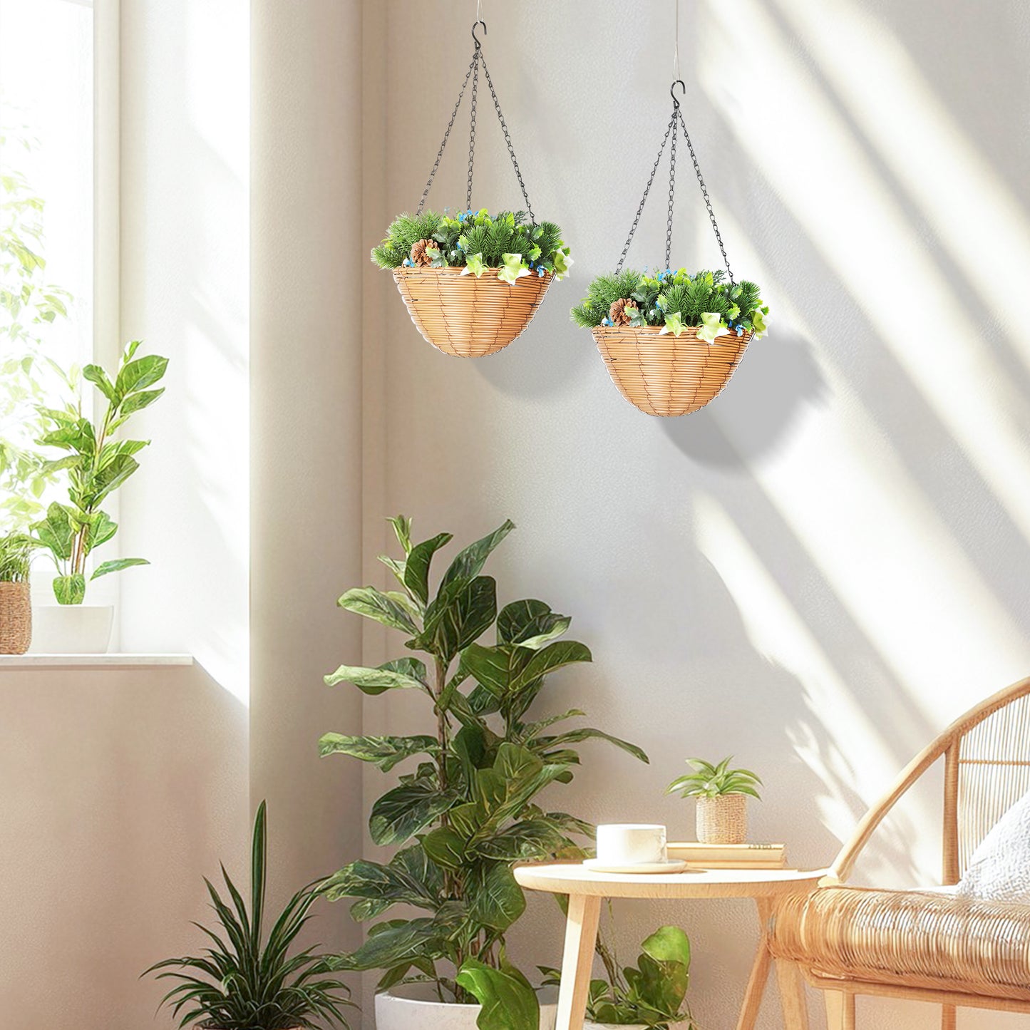 HOMCOM Artificial Flowers in Basket, Set of 2, with PE Leaves, 18 Flowers & 3 Pinecones, Decorative Faux Plant for Home/Office Decor, Green