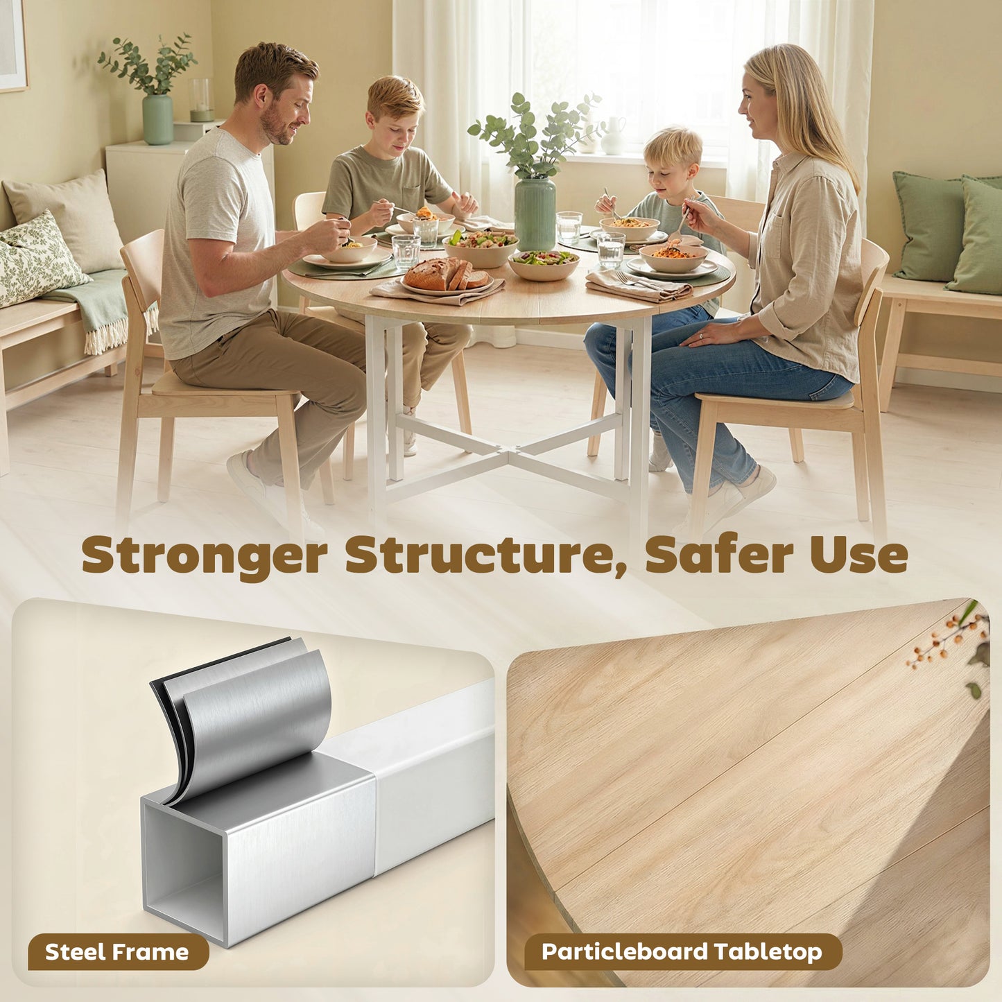 HOMCOM Folding Dining Table, Drop Leaf Extendable Kitchen Table for Small Spaces, Steel Frame, Natural Wood Finish